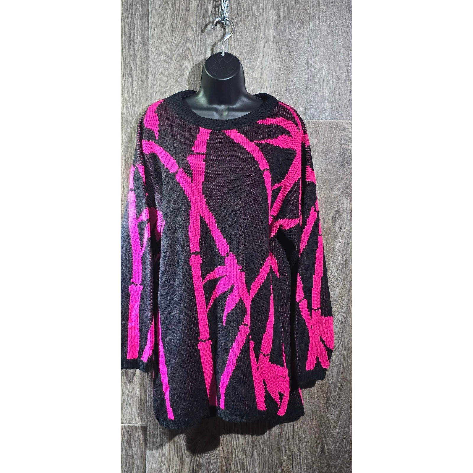 Jamknits Vintage 80s Sweater Pink Black Bamboo Print Acrylic Knit Made in USA S