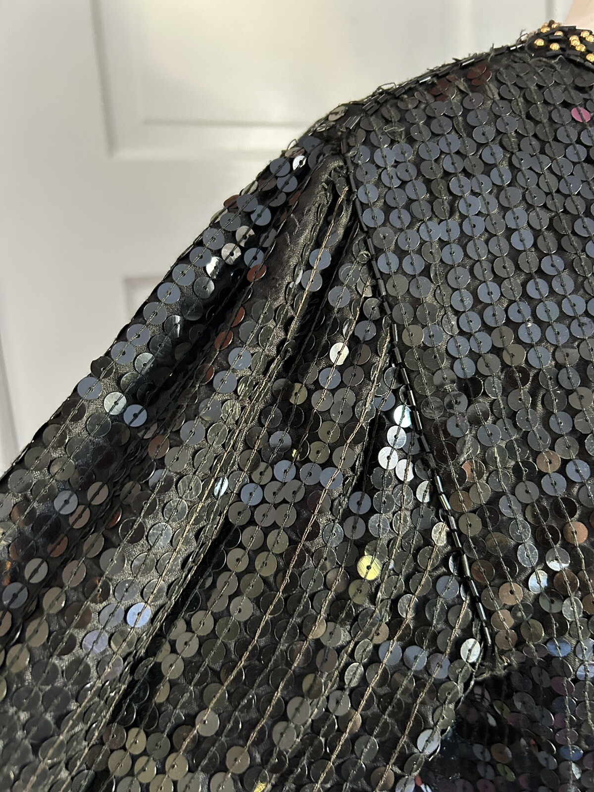 80s Beaded Sequin Black Gold Disco Party Funky Cropped Cardigan Sweater