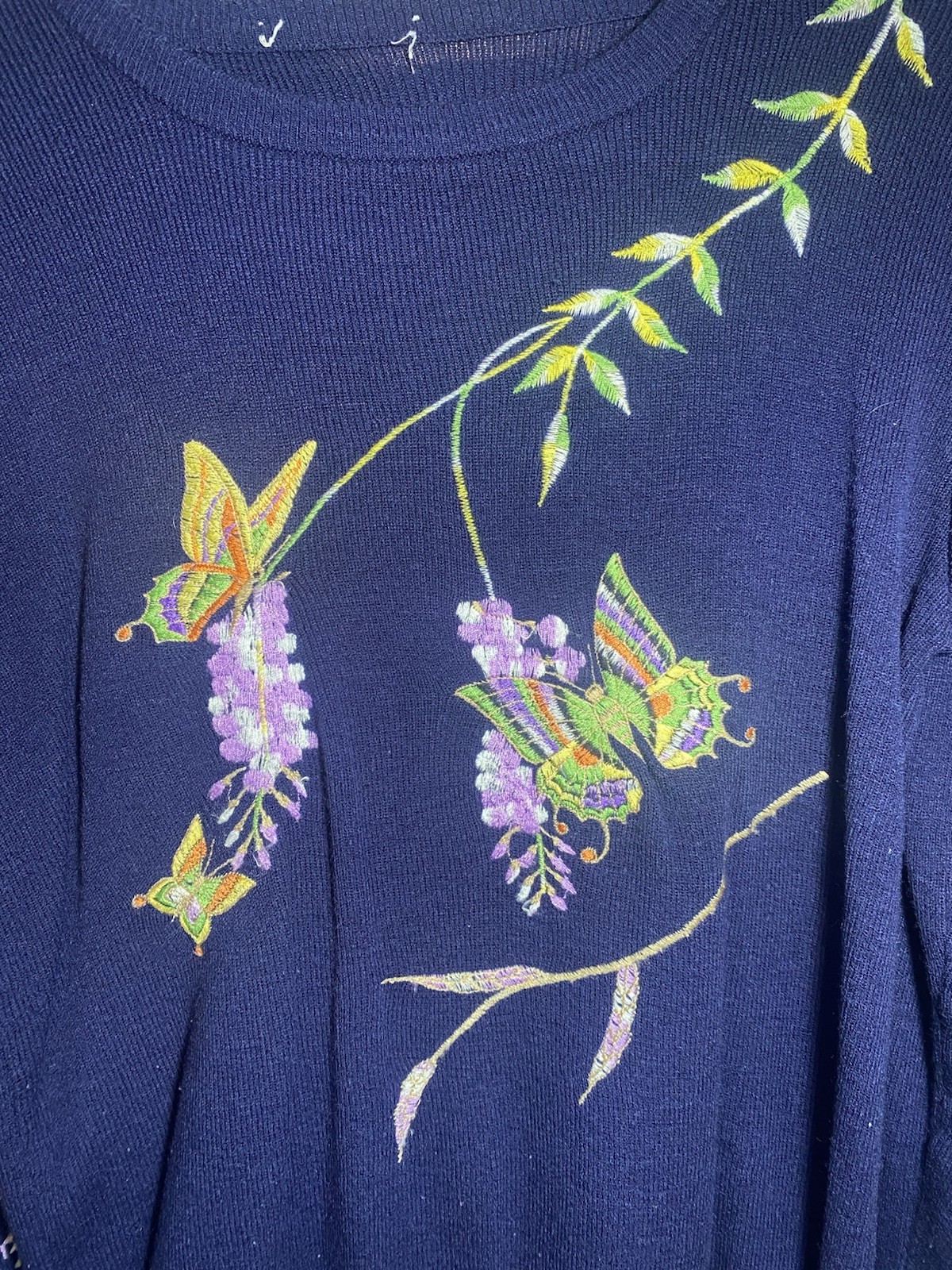 Vintage Women’s Bonnie Lee Leroy Blue Sweater Acrylic 70s Colorful Butterflies