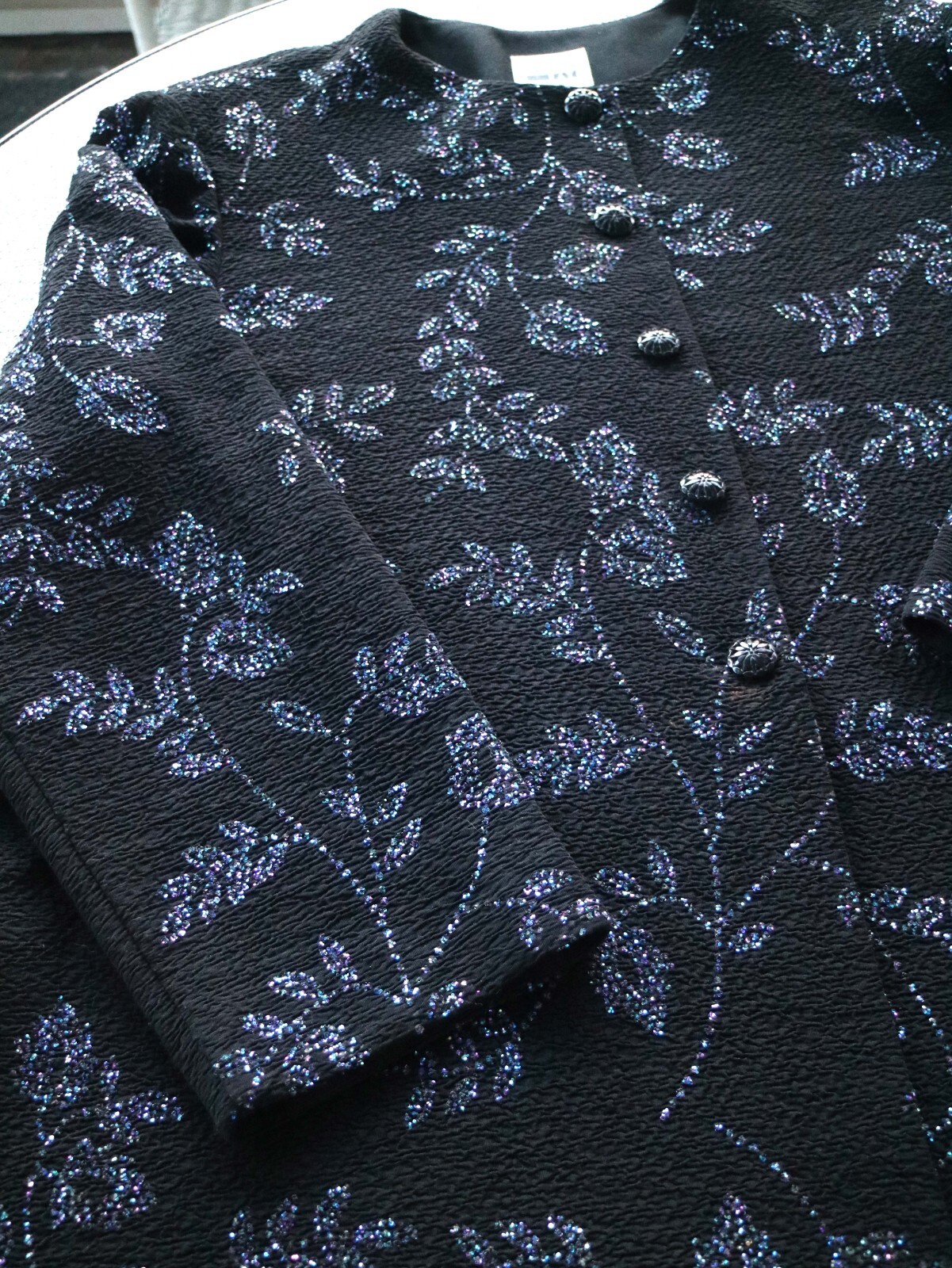 Vtg Leslie Fay Cocktail Jacket Dressy Blazer Black Purple Sequin 20P Petite Plus