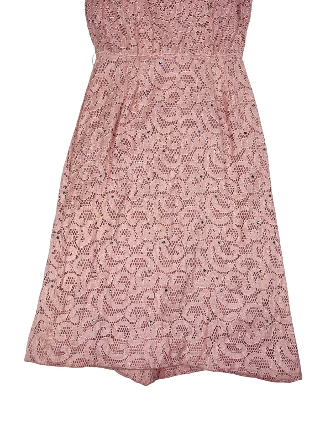 VTG 1950s PAUL SACHS RHINESTONE PINK LACE COCKTAIL WIGGLE DRESS ROCKABILLY GLAM