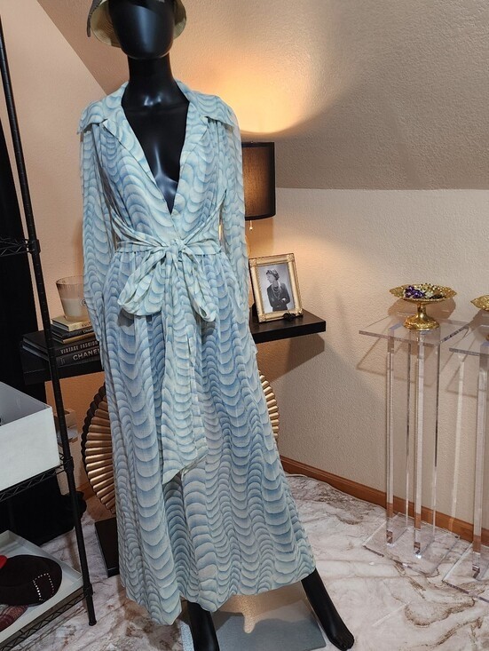 Vintage Mid Century Blue Op Art Sheer Midi Dress Attached Sash Belt