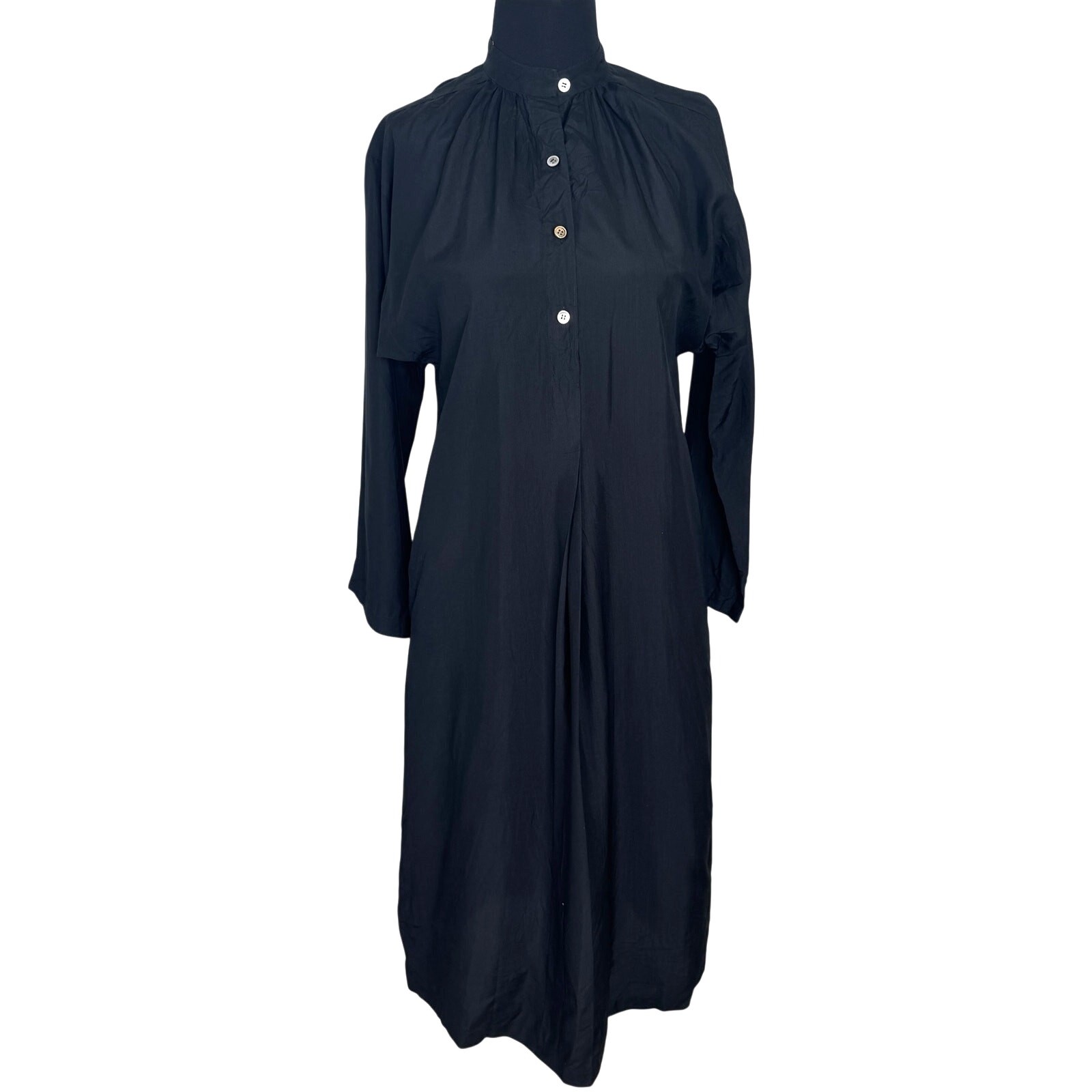 Vtg 80s Cathy Hardwick Black Silk Batwing Dress Dolman Sleeve Minimalist Pockets