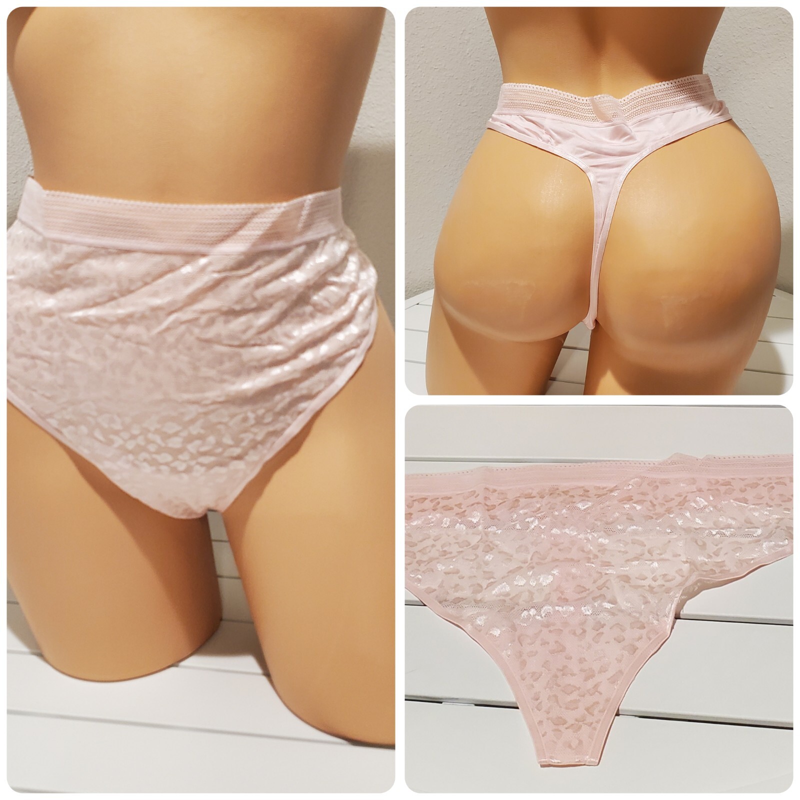 Satin Stretch Thong Panty Shiny Leopard Print Lace Waist 3XL/10 Powder Pink