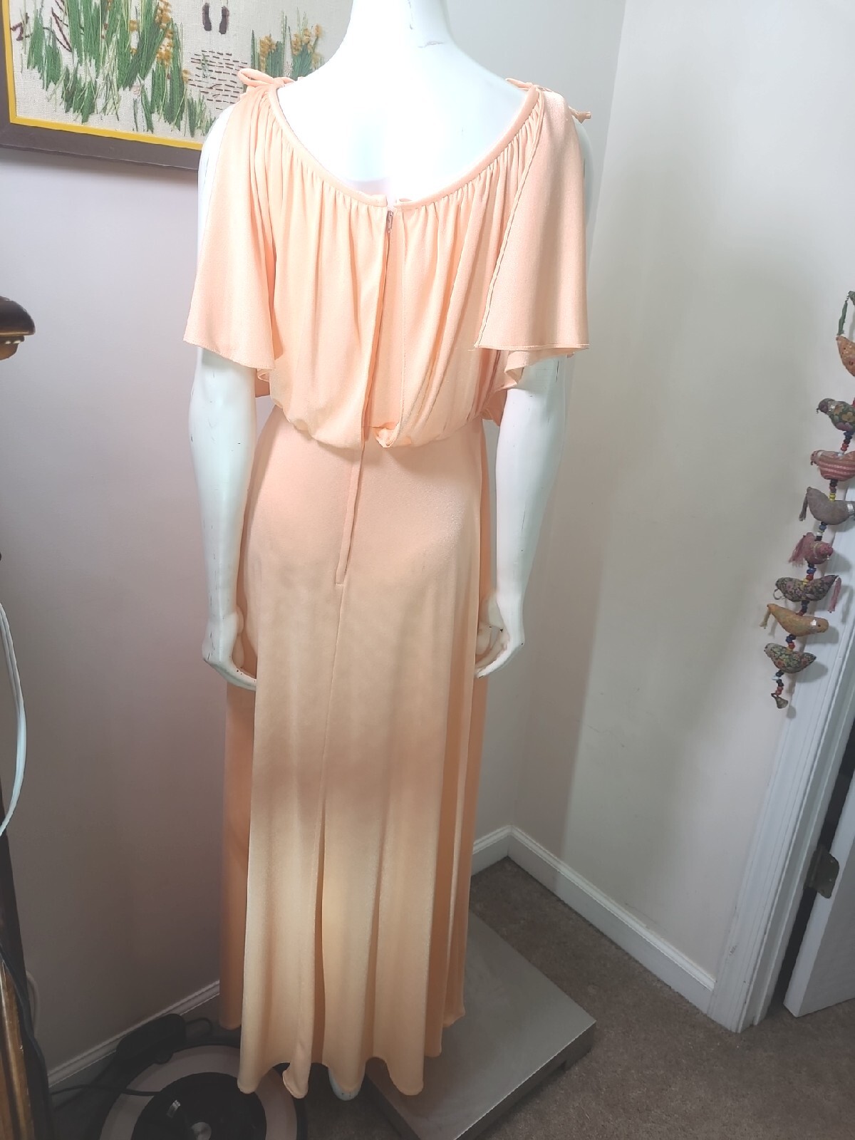 Vintage 70s Grecian Maxi Dress Womens 11/12 Draped Apricot Peach Cottage EASTER
