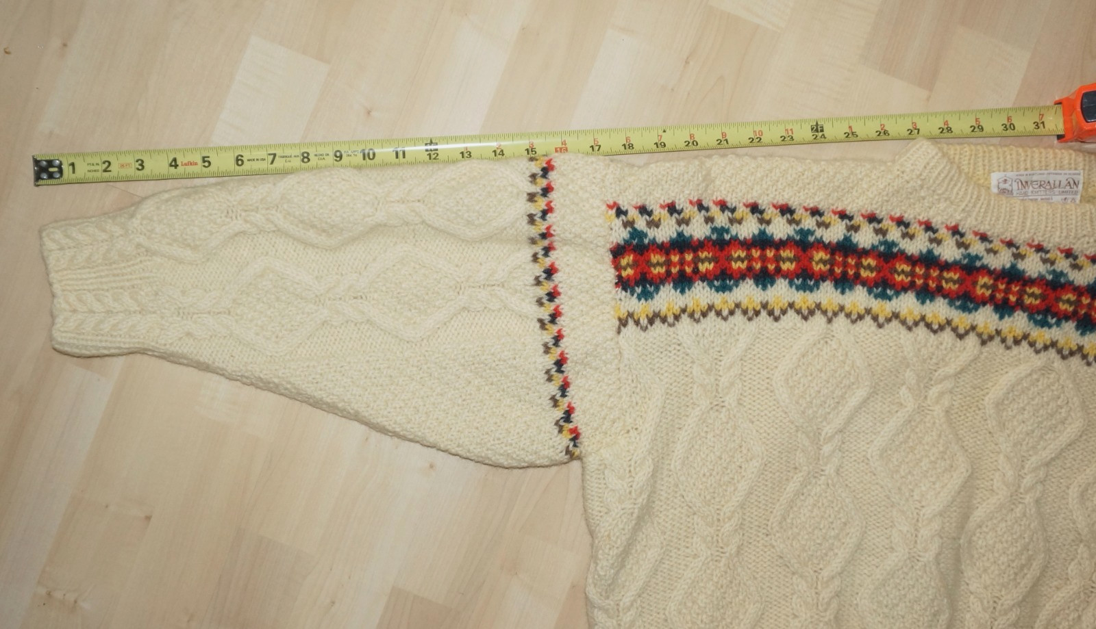 70’s Vintage INVERALLAN Cream & Multicolor 100% Scottish Wool Knit Sweater M/L