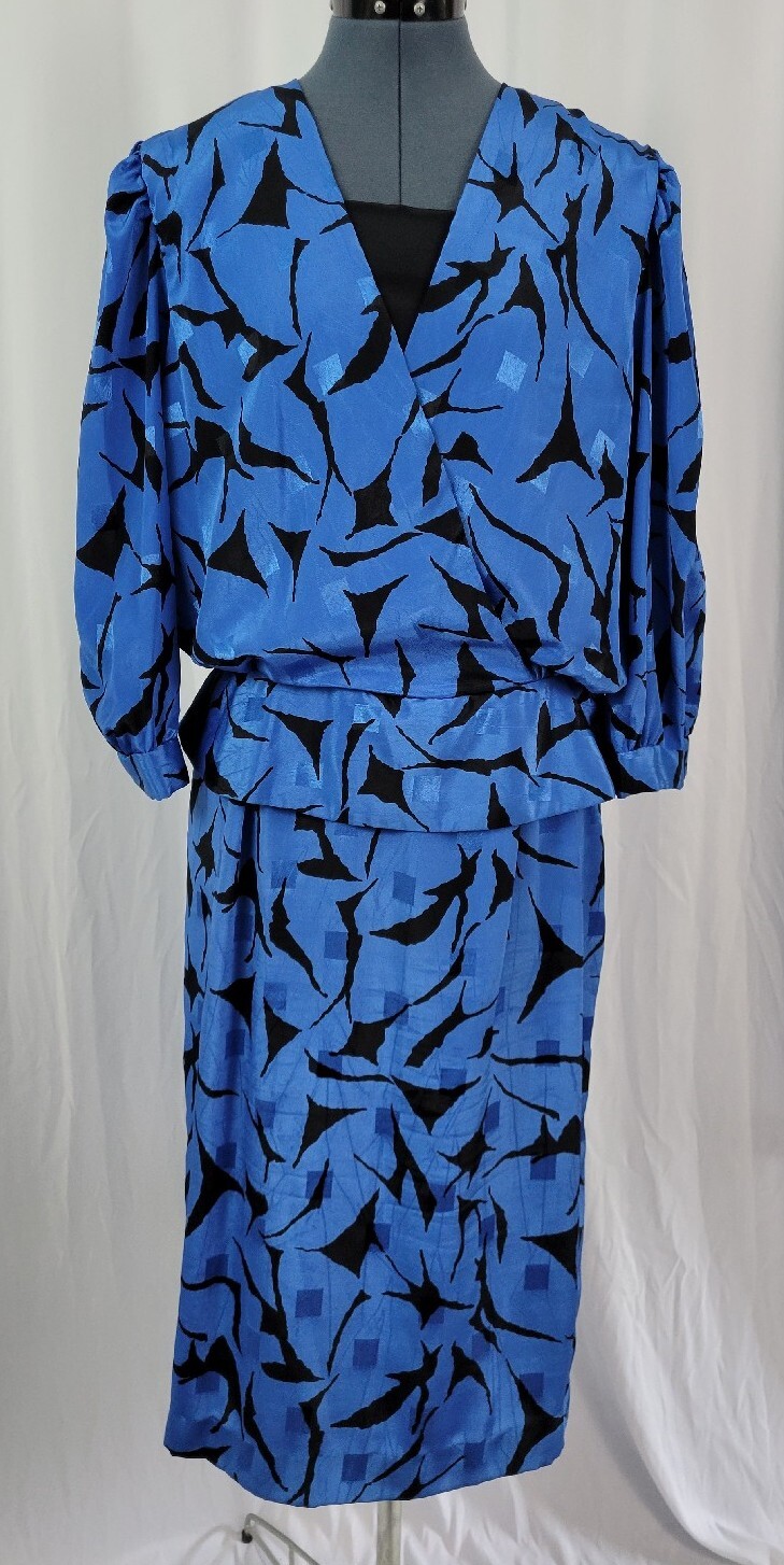 Vintage Blue & Black Dress w Wrap/Peplum Bodice Size L?