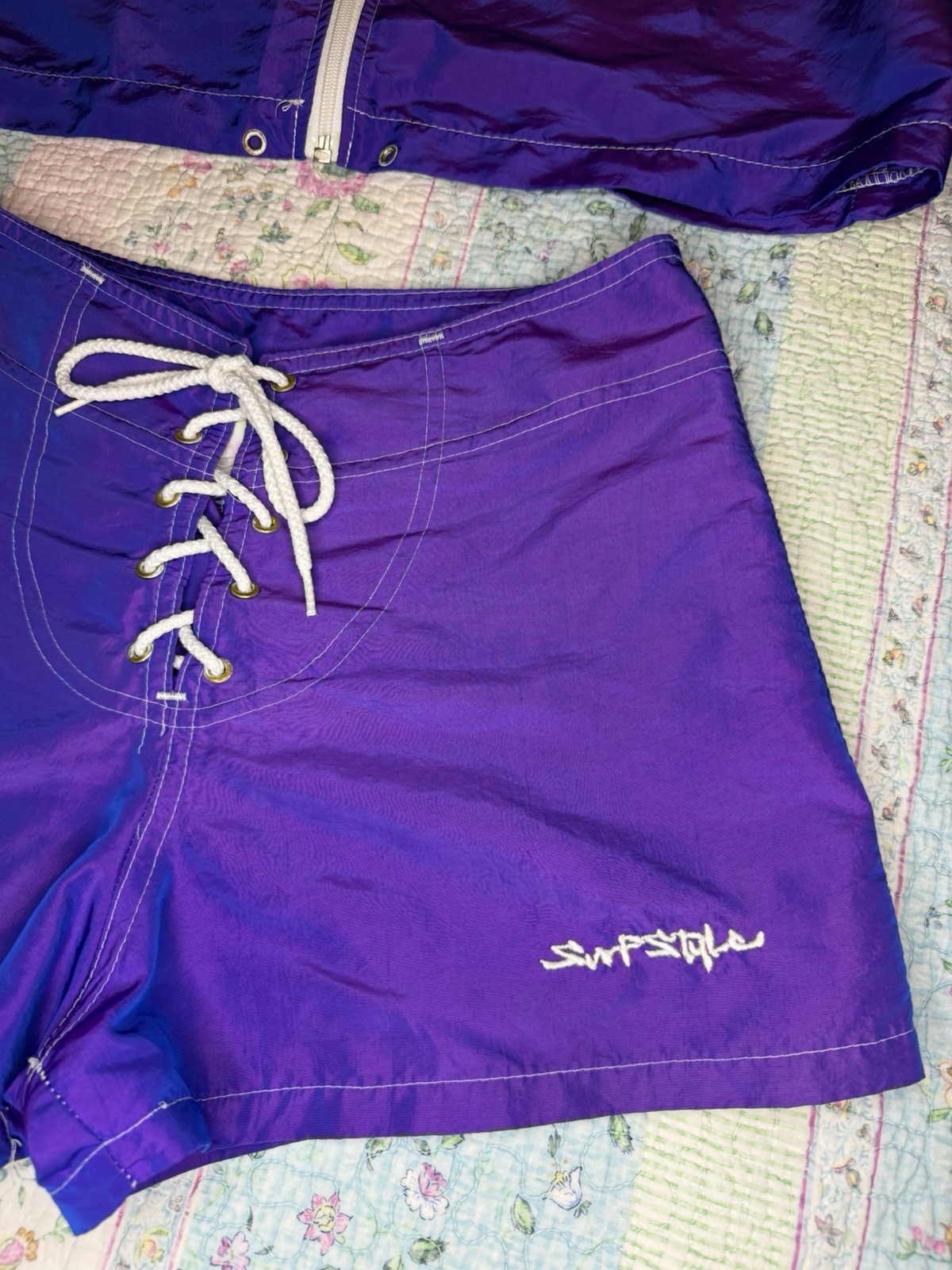 VTG 90s Y2K Surf Style Purple Iridescent Windbreaker Jacket & Board Shorts SM