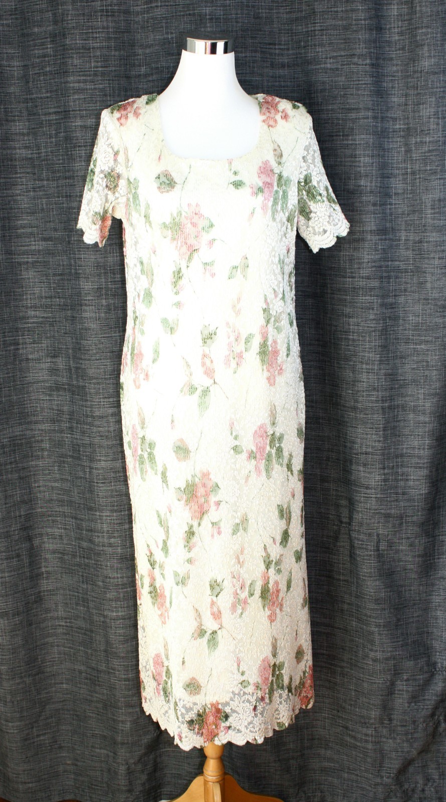 VTG HELENE BLAKE Party Cocktail Dress SS White Pink Green Floral Lace ~ 12 #08