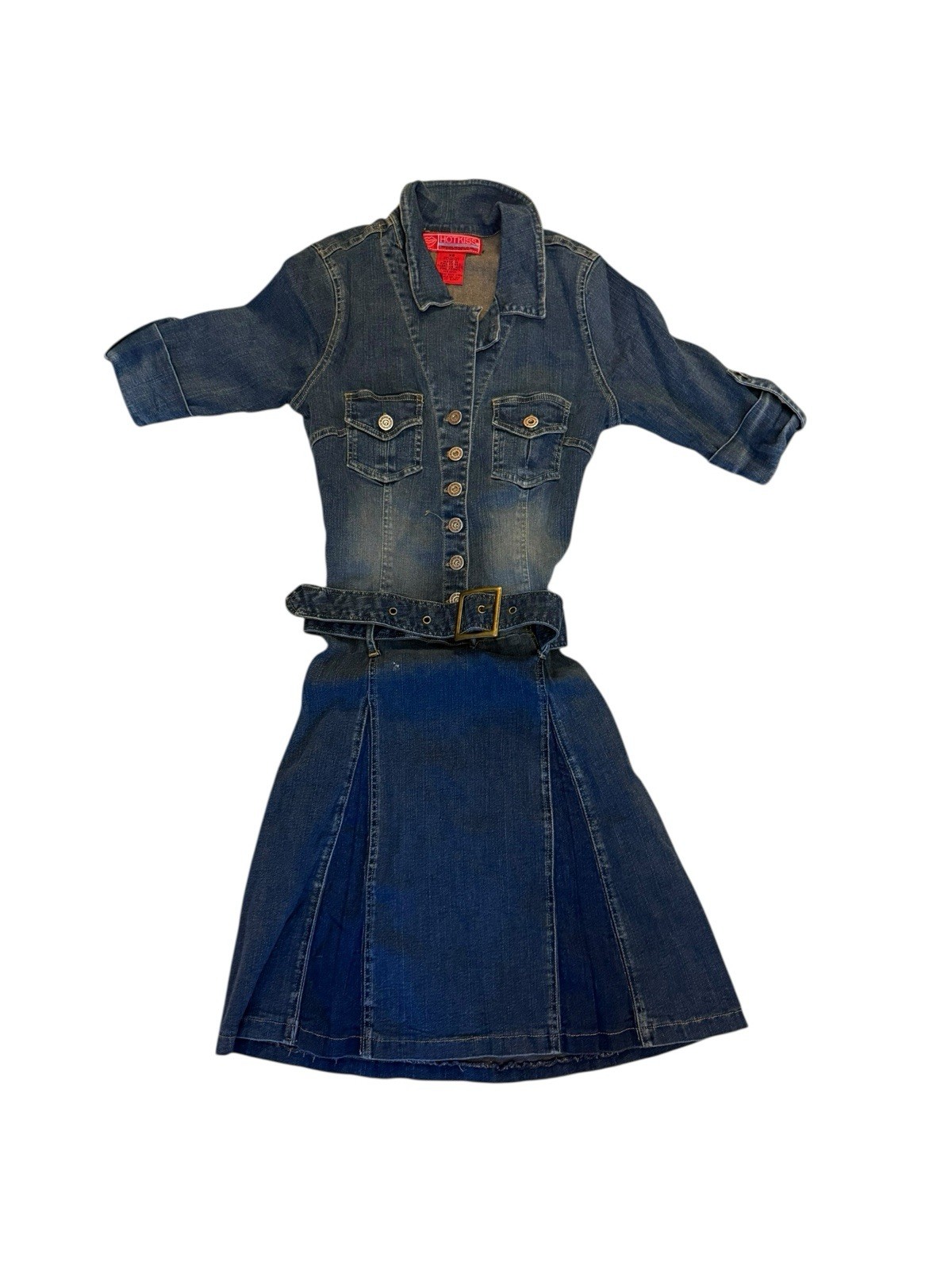 VTG 90s Y2K Hot Kiss Blue Jean Denim Dress Stretchy Size XS Belted Western