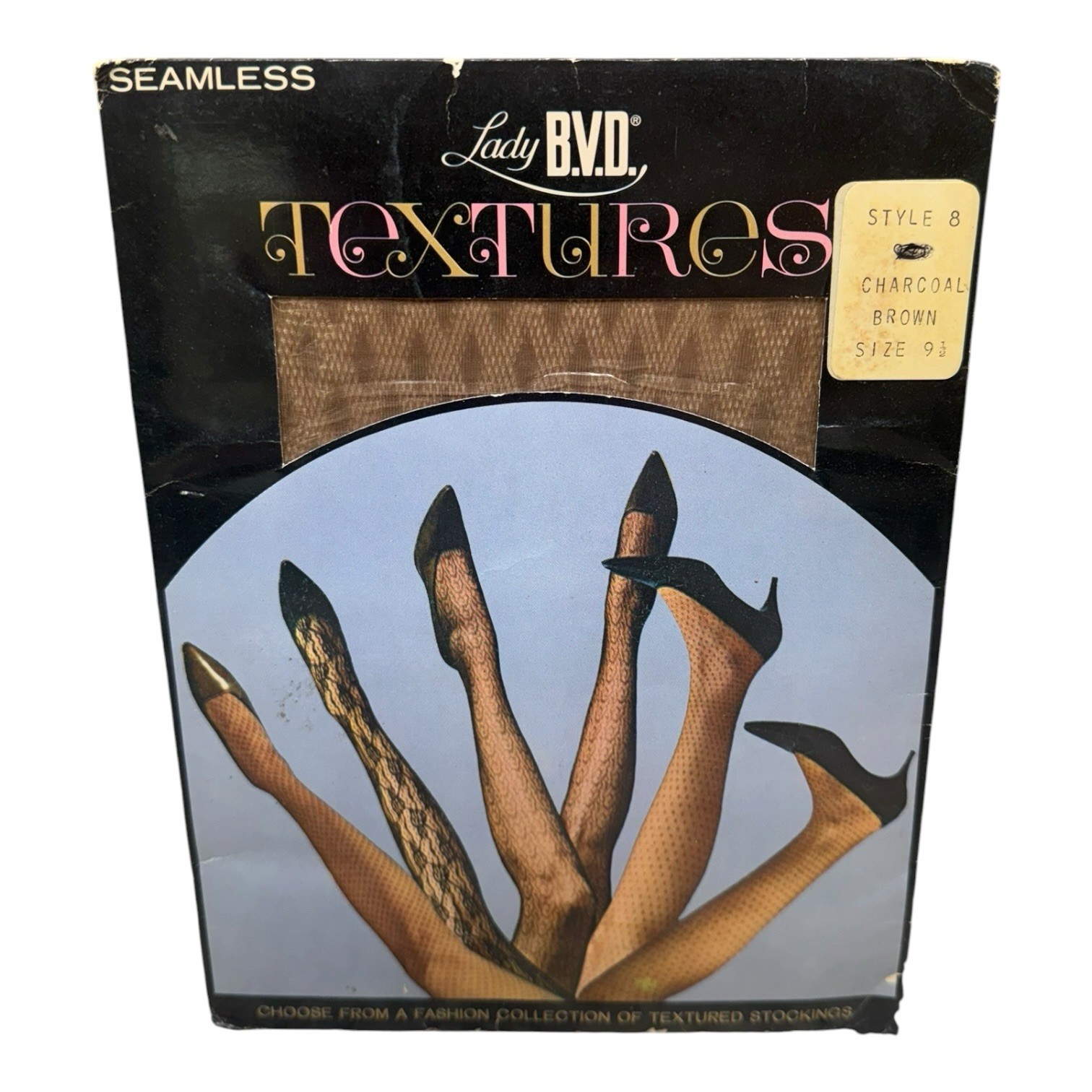 Vtg Lady BVD Seamless Textures Stockings 100% Nylon Style 8 Charcoal Brown 9 1/2