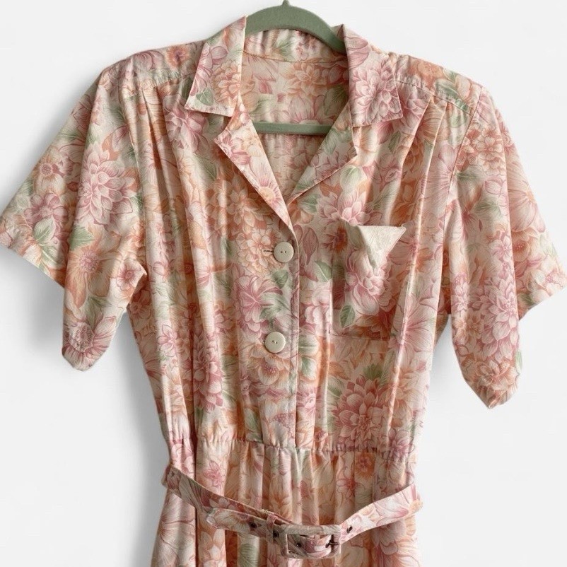 Vintage Floral Shirtwaist Midi Dress Belted Pink Cottagecore Tea Dress