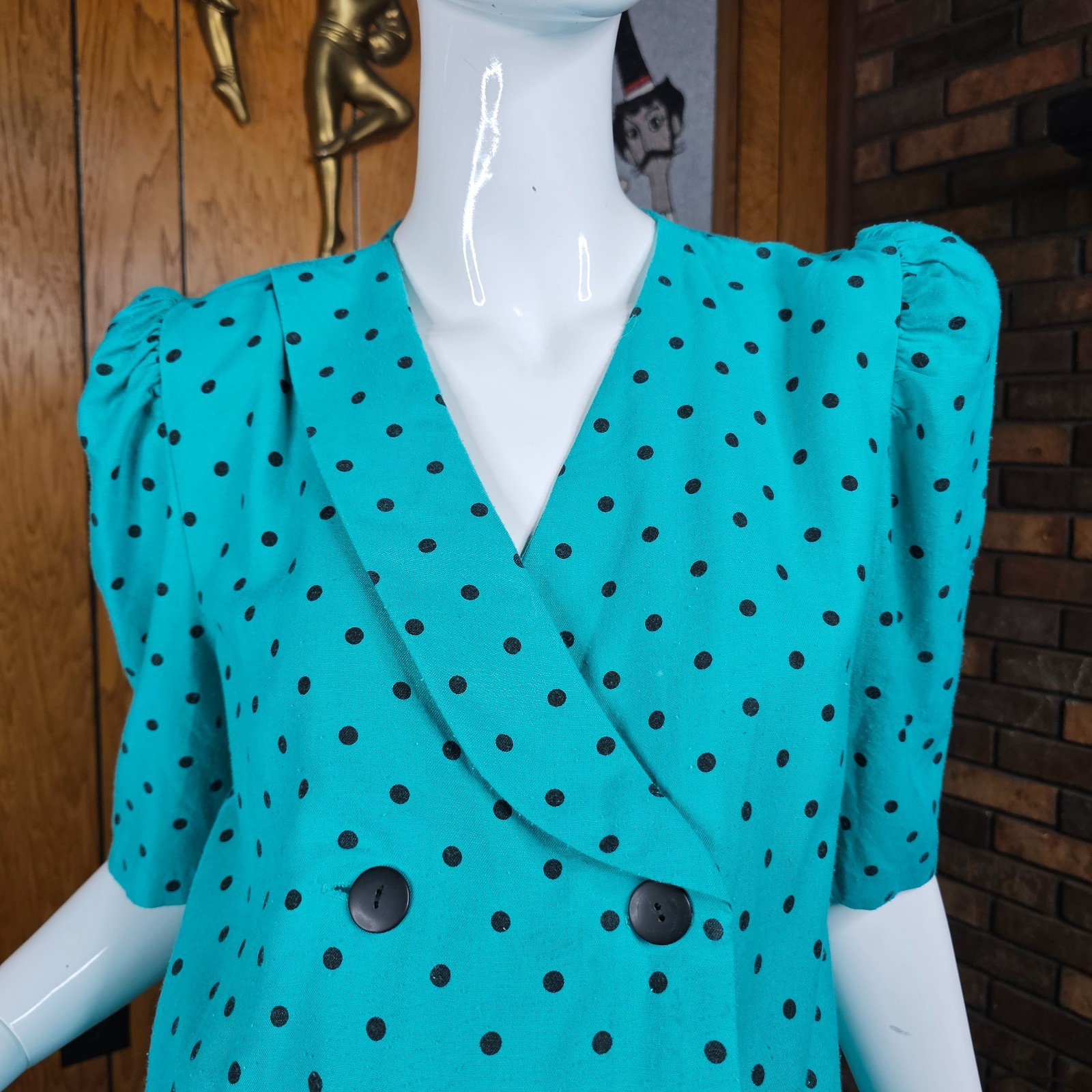 Vtg 80s New Wave Maternity Power Suit Teal Polka Dot Pencil Secretary Dress M/L