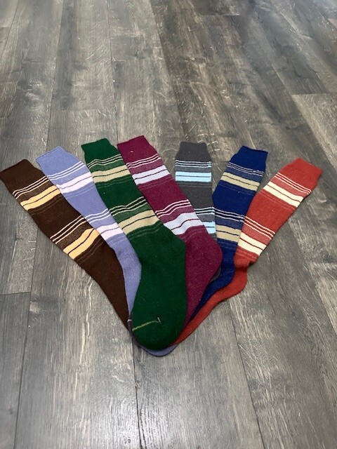 VTG 80s Striped Socks Sample Set NOS Mis Matched 7 pcs Red Brown Grey Blue Green