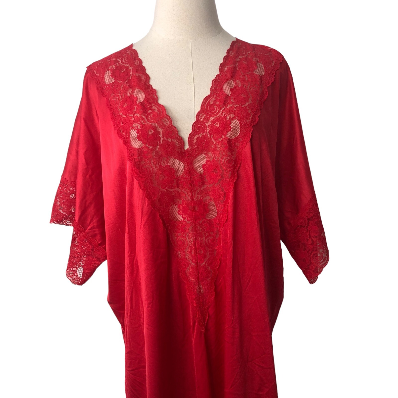 Vtg Danbury Nightgown Lipstick Red Nylon Lace V-Neck Caftan Kaftan Size Large