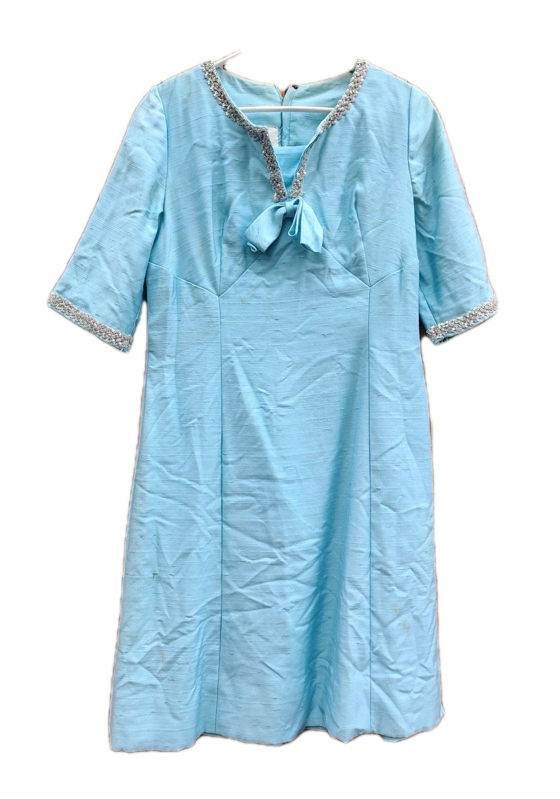 Vintage 1960s Leslie Pomer Blue Shift Dress Beaded Trim Bow Front Mod Dress…