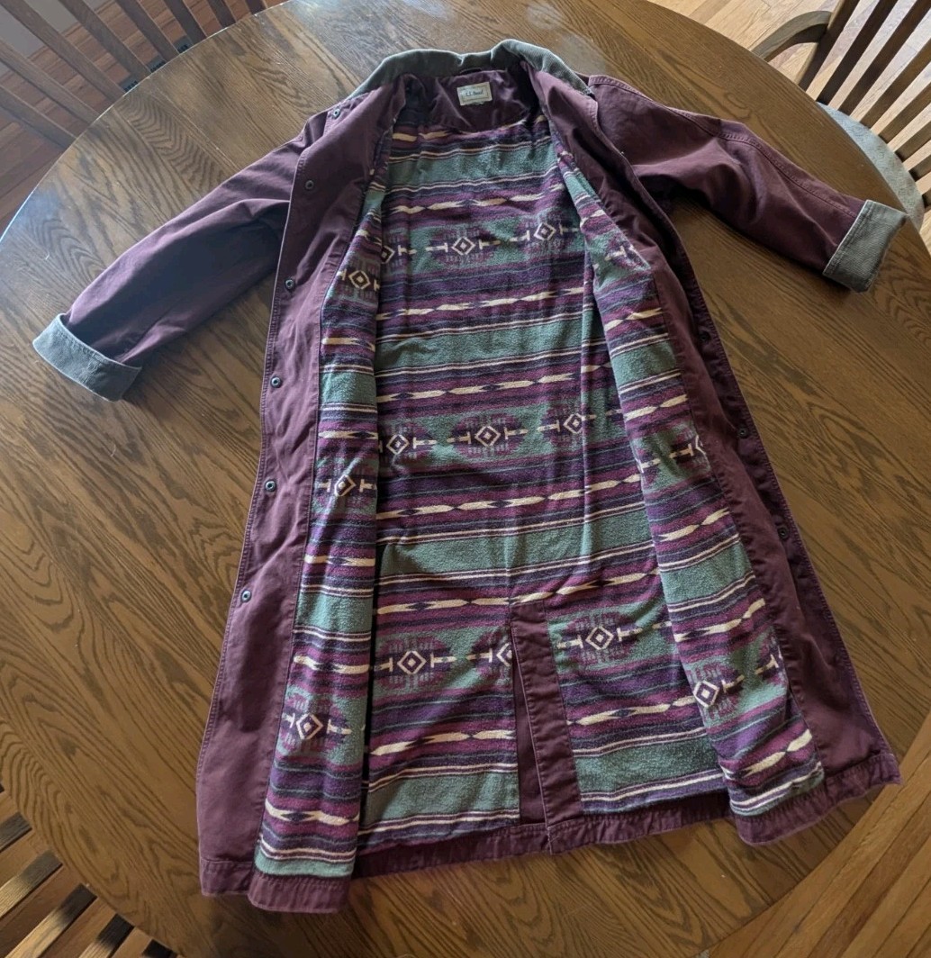 Vintage L.L. Bean Barn Duster Coat Canvas Corduroy Southwest Lined Burgundy XL
