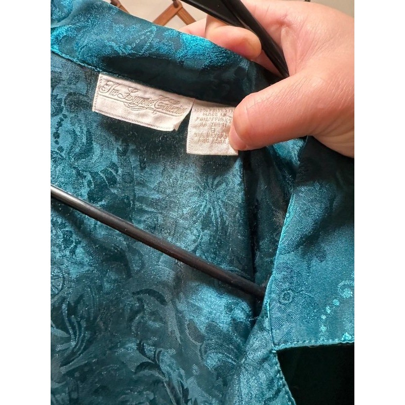 Vintage Teal Blue Jacquard Satin Sleepshirt Button Up Robe Size Medium luxury