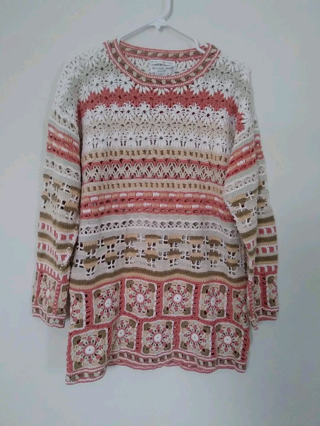 Vintage Hand Crochet knit Sweater Tunic Sz Med-Lg Granny Cottage Core