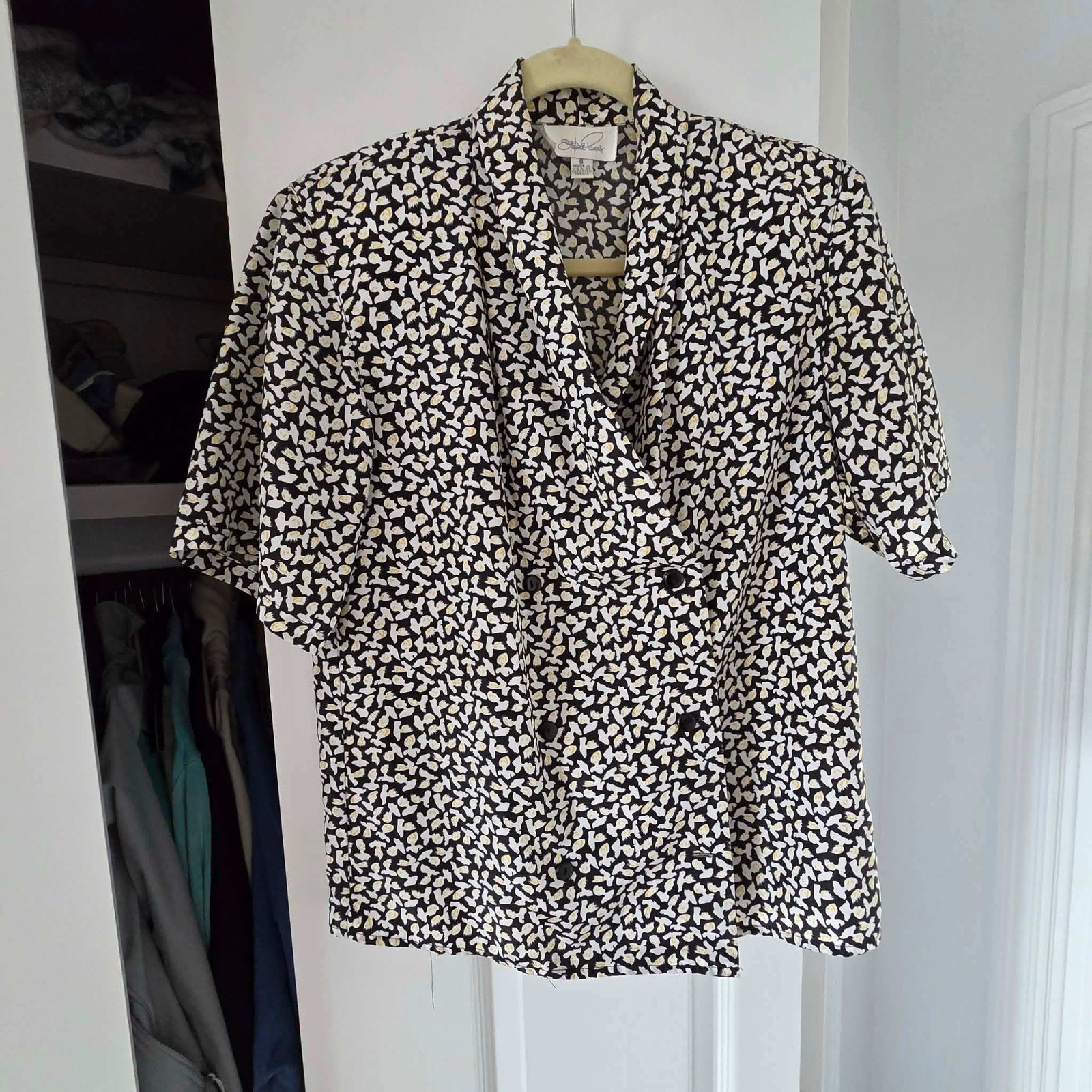 Vintage Stephanie Powers Abstract Face Print Double Breasted Blouse Black Size 8