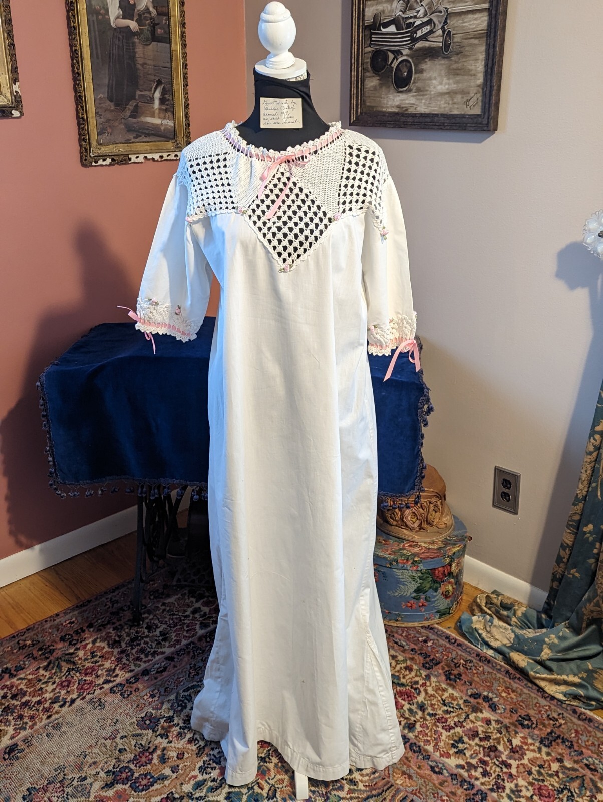 Antique Vintage Edwardian Crochet Lace Handmade Nightgown Ribbon Roses ca 1917