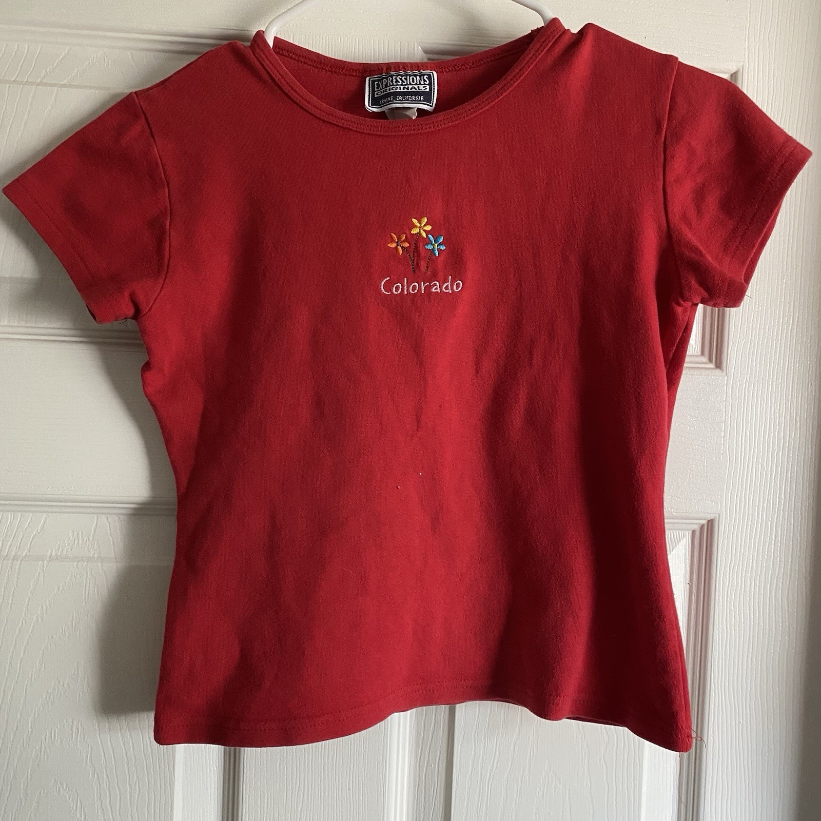 Vtg 90s Expressions Originals Colorado Flower Red Shirt M Embroidered Made inUSA