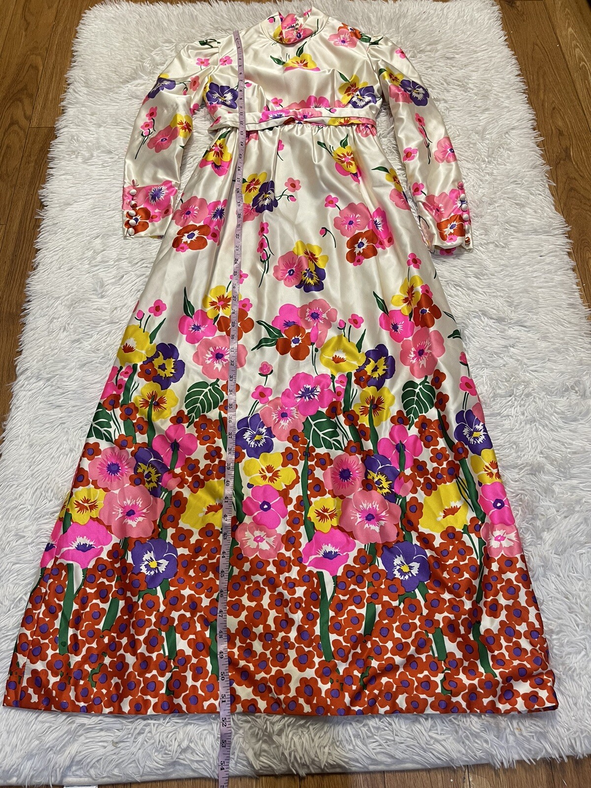 Vintage Joan Leslie for Kasper satin high neck floral maxi dress