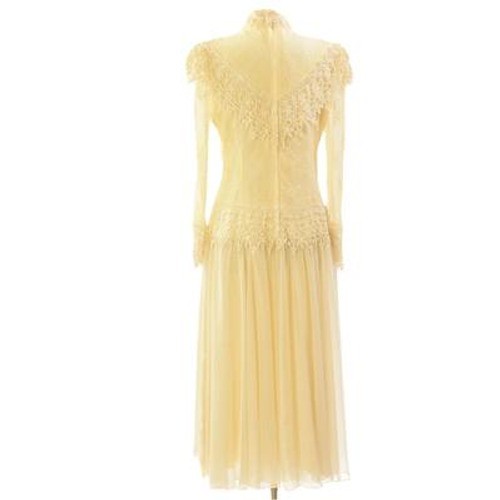 70s Vtg Jessica McClintock Ivory Lace Prairie Bridal Dress M Stand up Collar