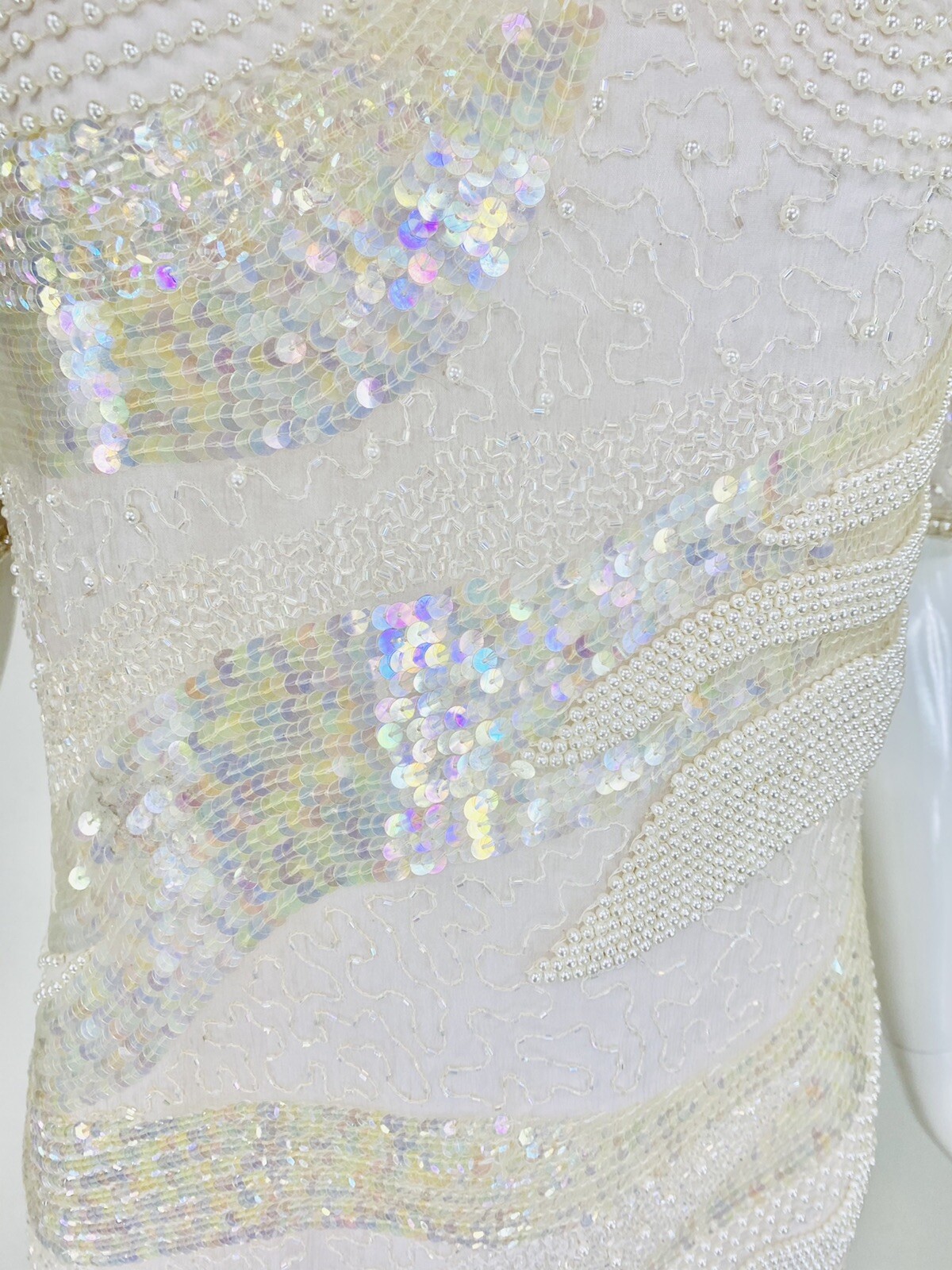 Vtg MODI Off White Champagne Silk Bead Sequin Evening Cocktail Wedding Dress, S