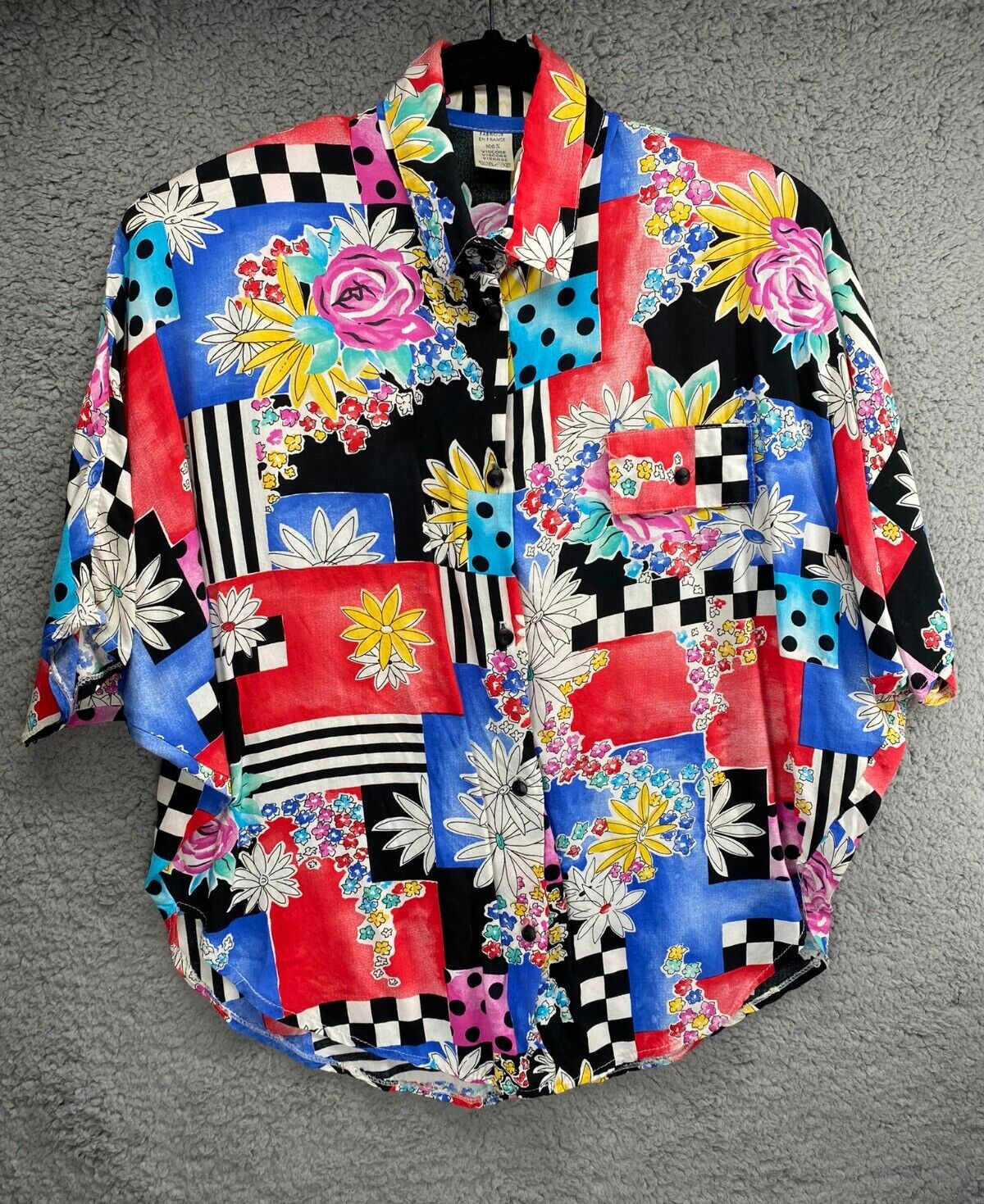 Vintage 90s Unbranded Colorful Collared Dolman Sleeve Top M/L Shoulder Pads