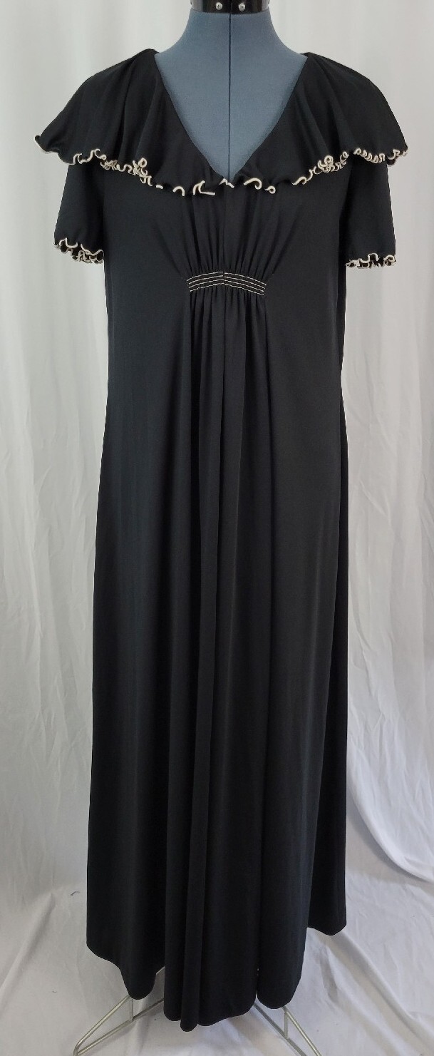 Vintage Black Dress w Shawl Collar Cream Piping Accent Size 14