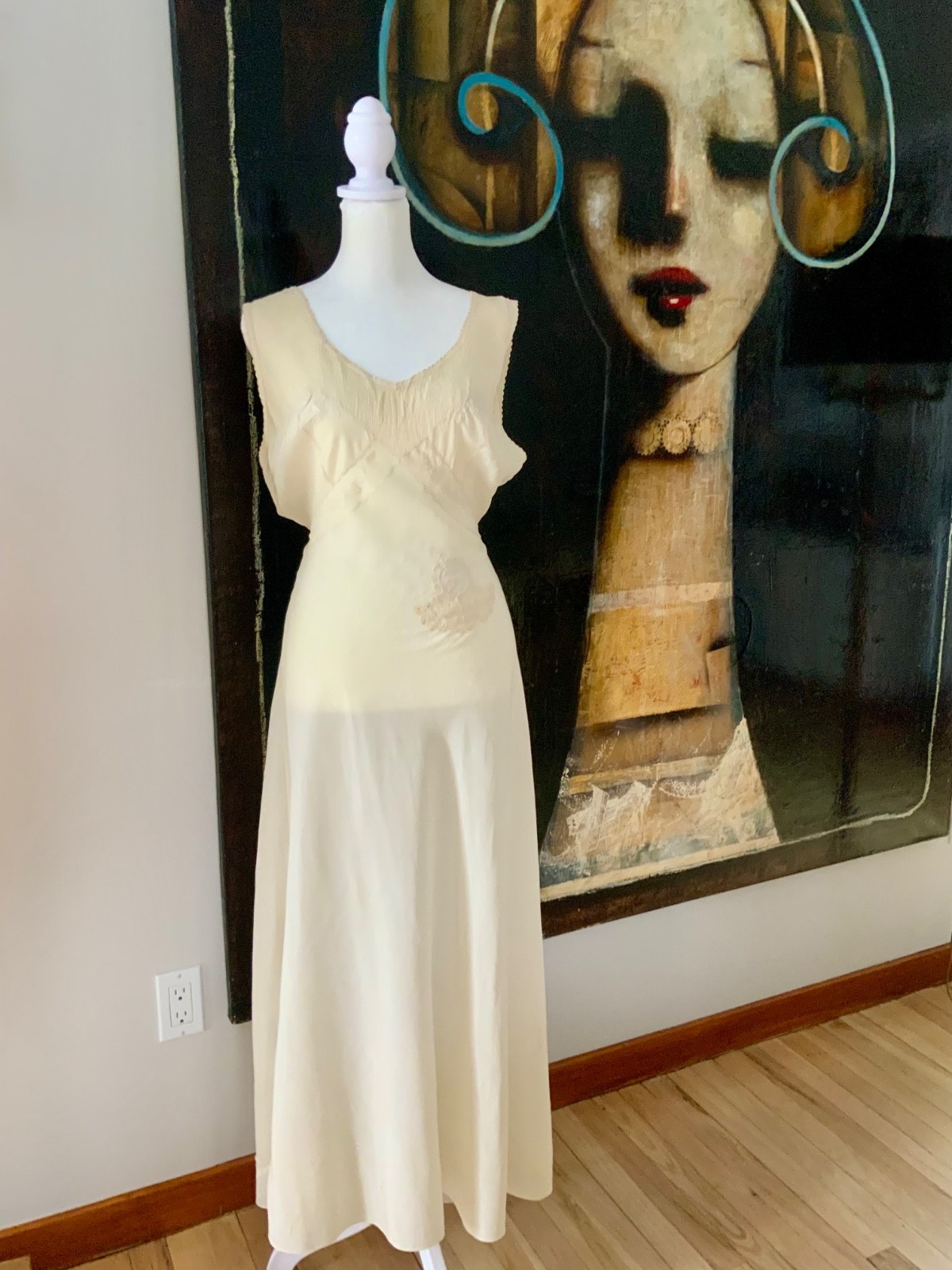 Antique 1930s–40s Pure Silk Nightgown — Ivory Bias Cut Slip Dress with Pintucks