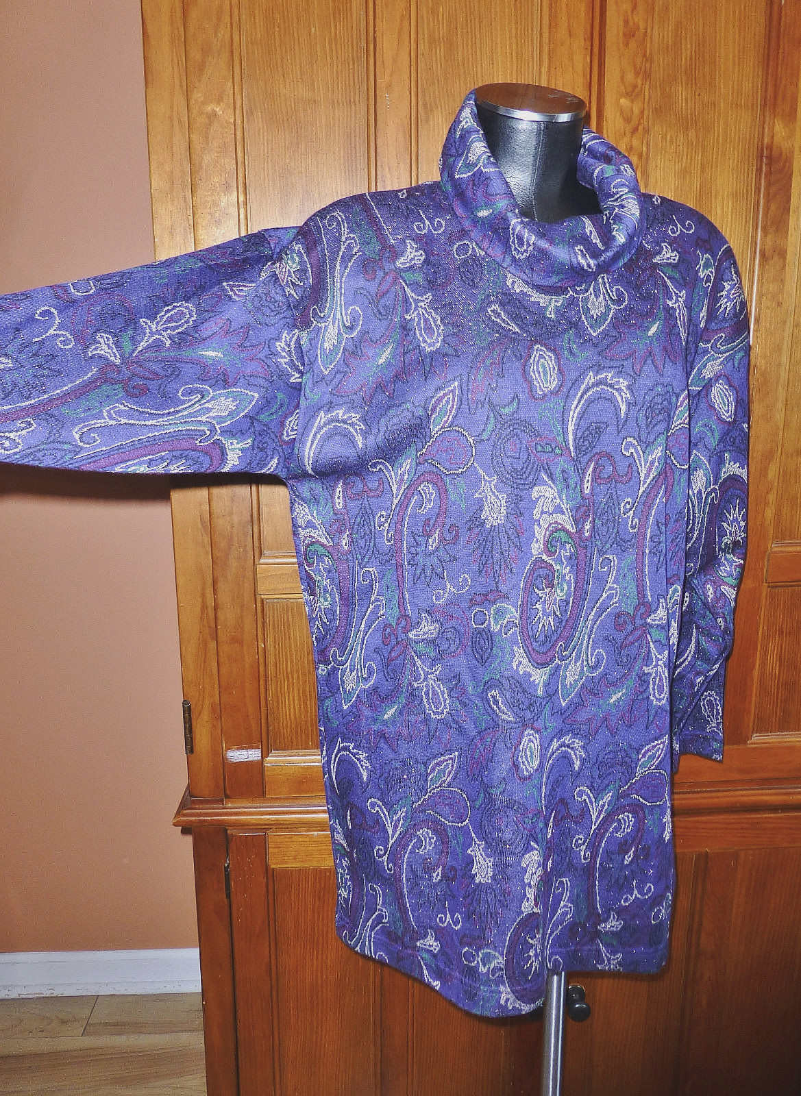 VTG 80s ADOLFO Collection Metallic Lurex Cowl KNIT Sweater Oversized Tunic TOP M