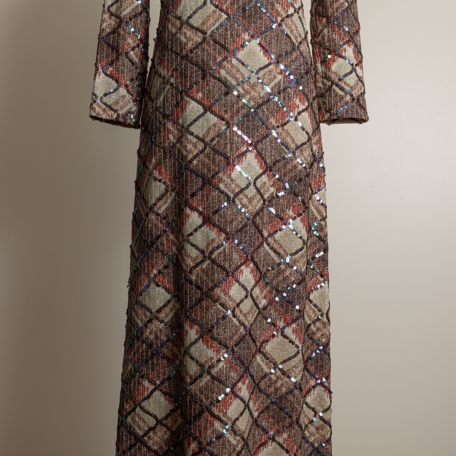 Vintage 70s Metallic Lurex Sequin Maxi Dress Mod Disco Glam Evening Gown