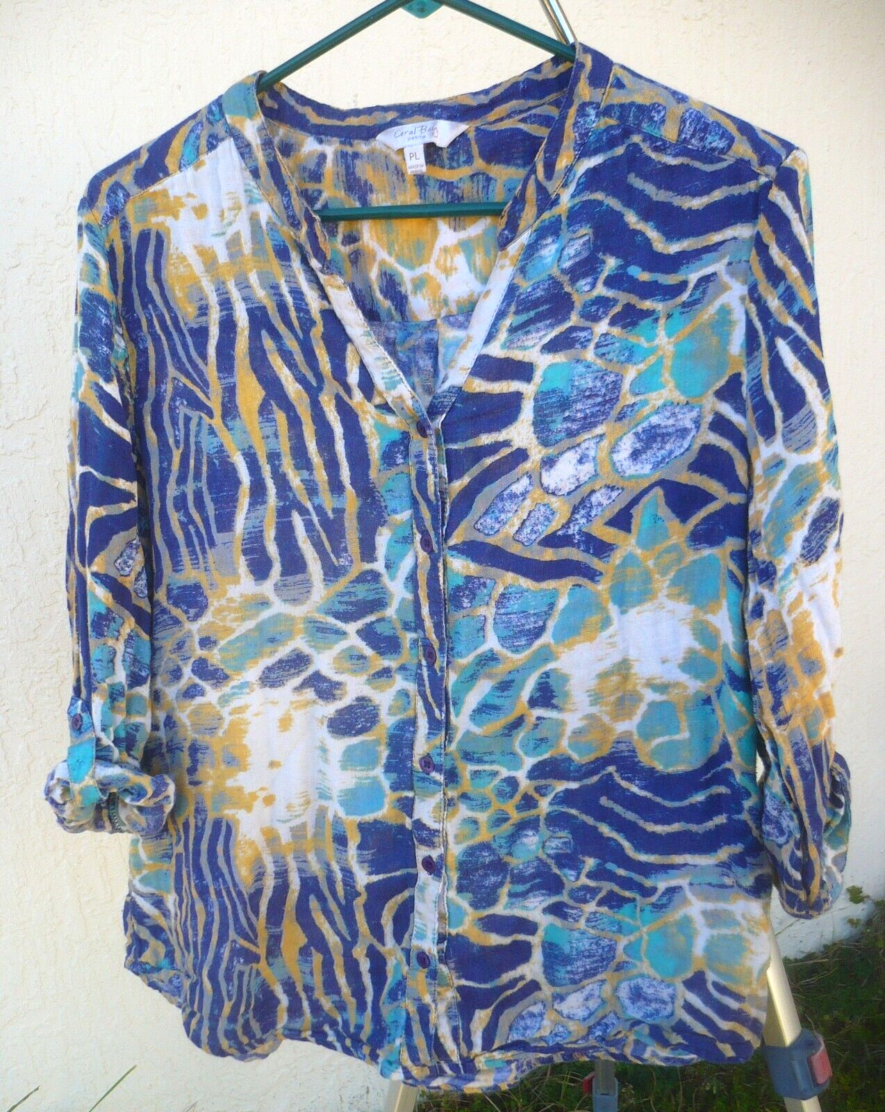 VTG 90S CORAL BAY PETITE L COTTON ANIMAL TIGER PRINT TEAL BLUE BUTTON UP BLOUSE