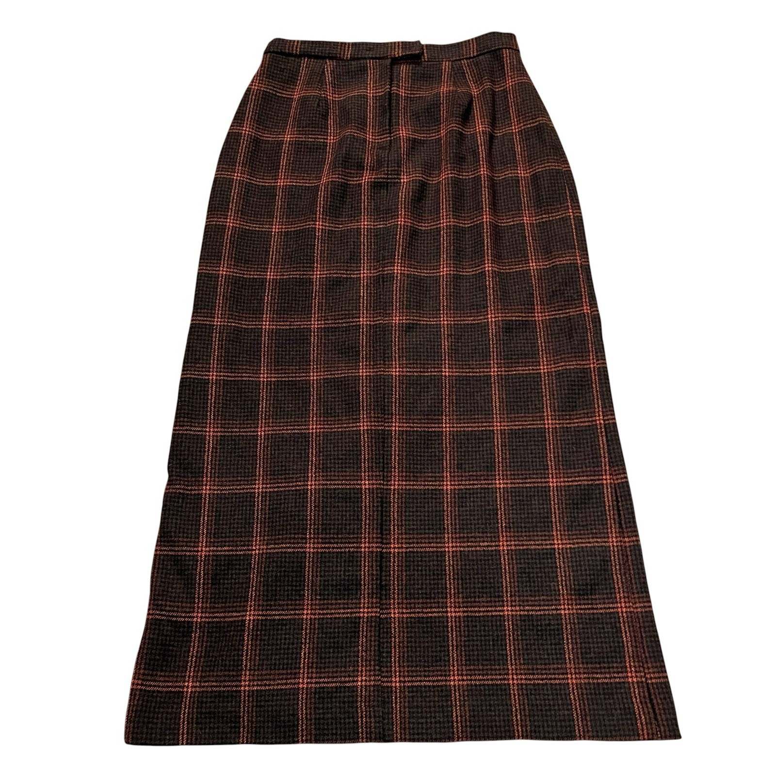90s VTG Wool Plaid Maxi Skirt 10/12 Straight Brown Multi Fall Winter Academia