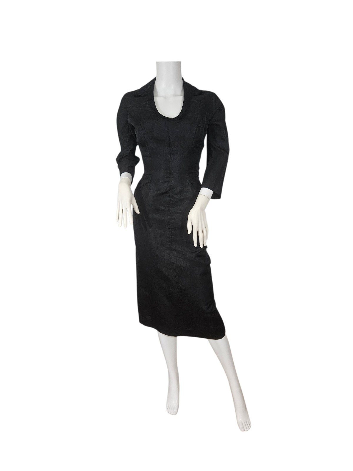 VTG 1950s Black Rayon Faille Hourglass Wiggle Dress Med