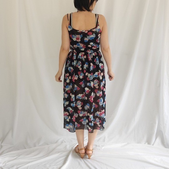 70s/80s Sheer Black, Pink, and Blue Floral Dress