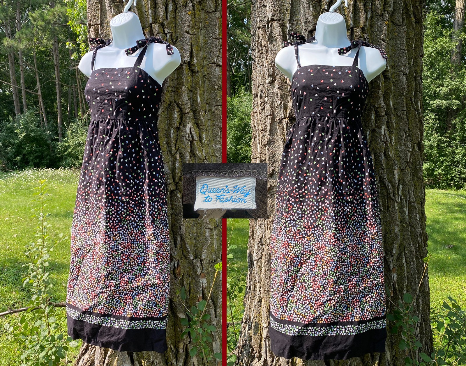 Vintage 70s Sundress Sun Dress with Shoulder Ties Novelty Apple Print
