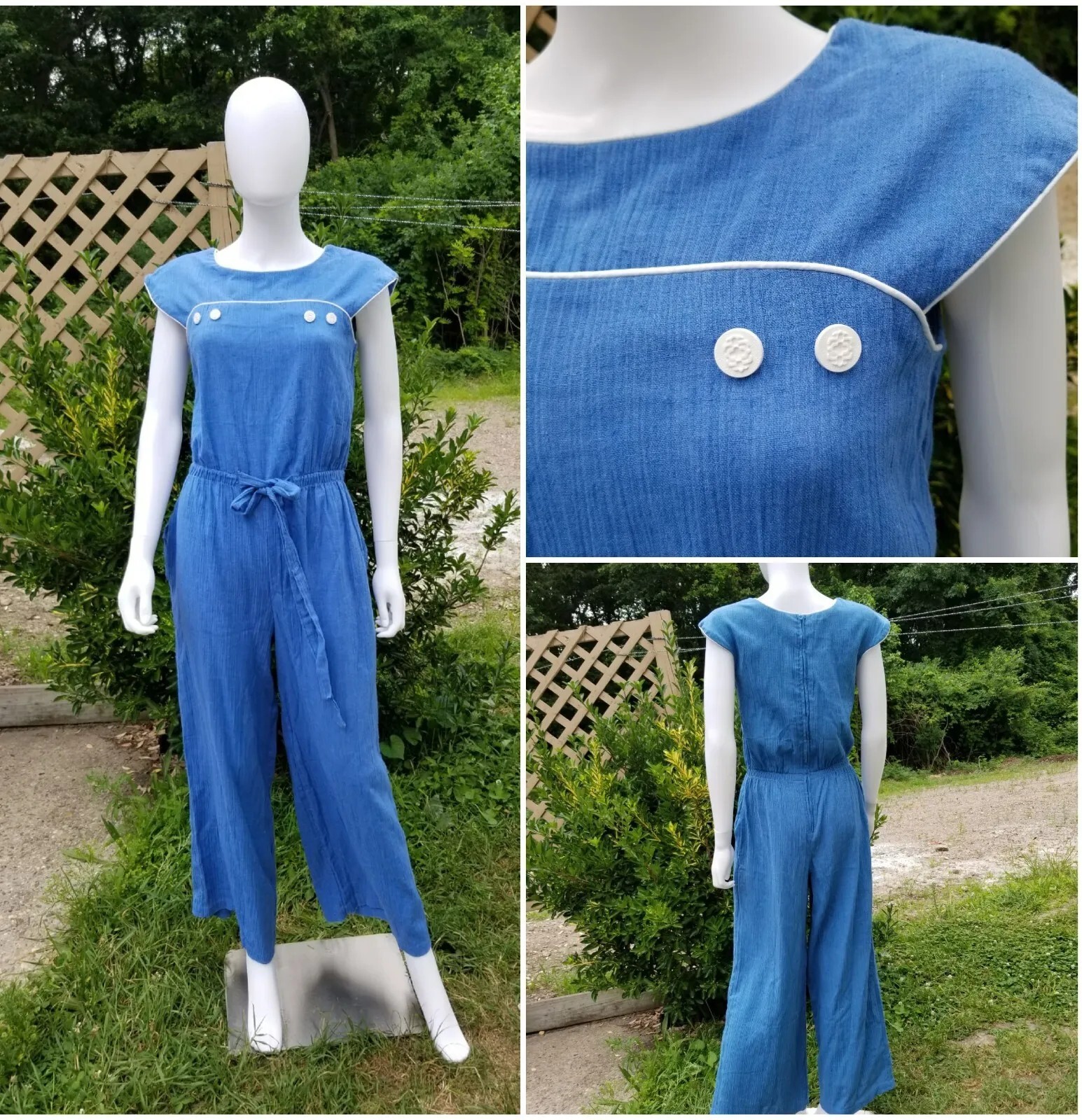 Vintage 1970s „Dutchess”Marine Baby blue wide leg romper jumpsuit nautical SM