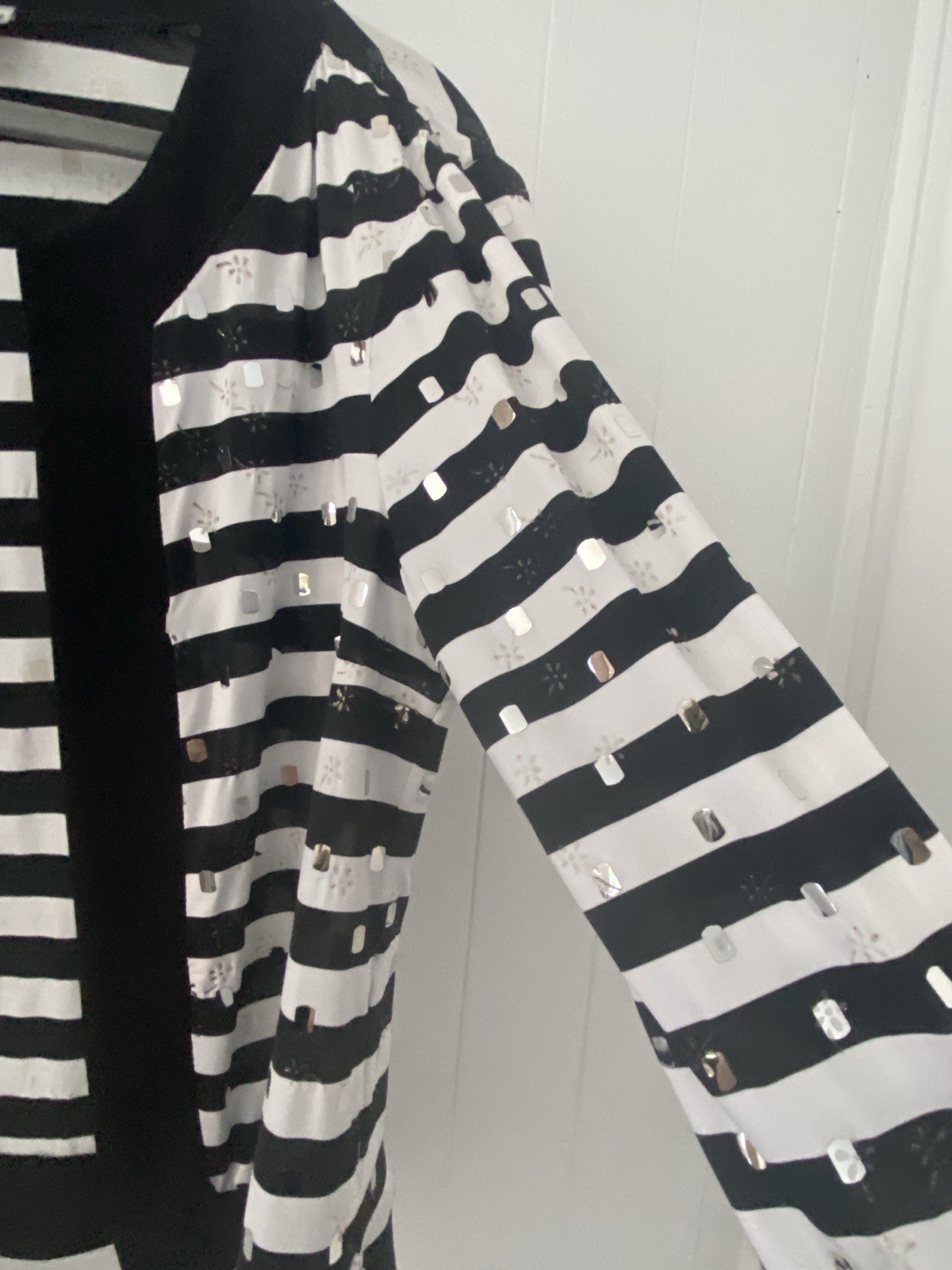 Vtg Joseph Ribkoff Striped Sequin Jacket Black White Mirror Accents Canada Sz 4