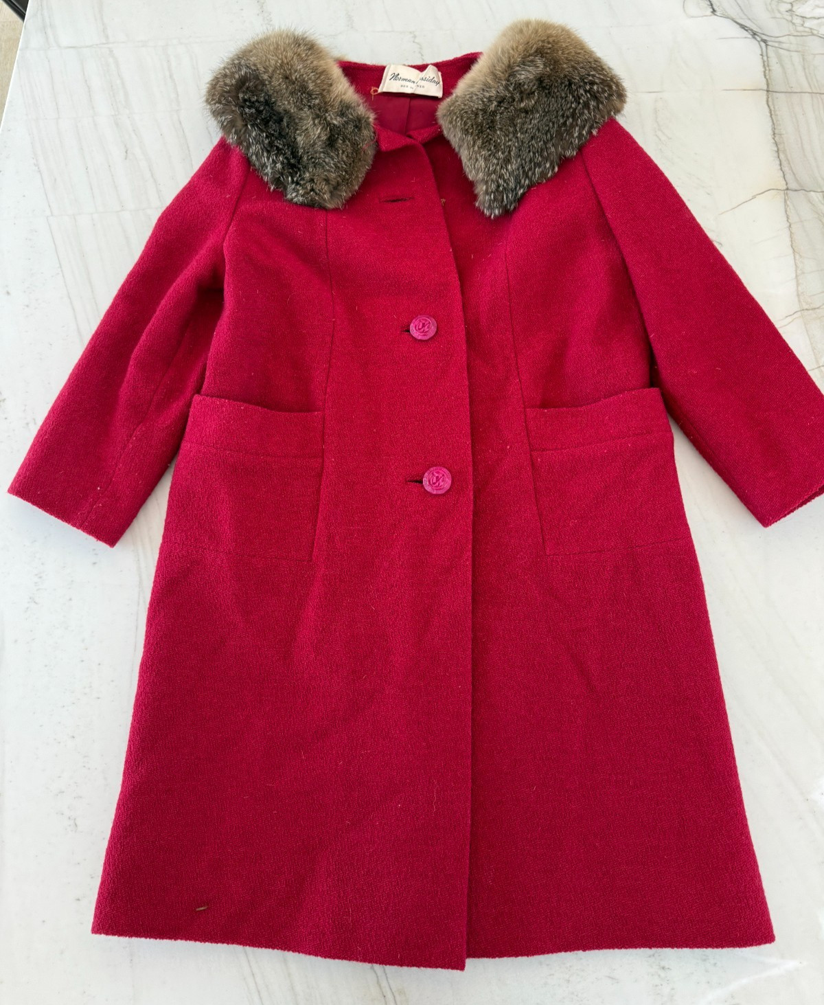Vintage 1950s Shagmoor Cordonnet Bouclé Red Wool Swing Coat w/ Real Fur Collar