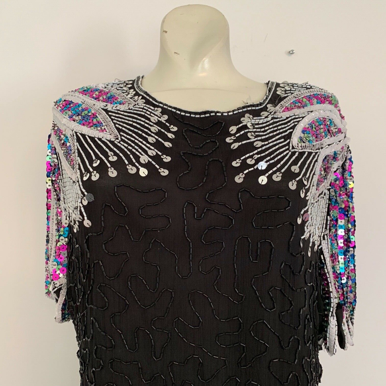 Vintage Beaded Sequins Black Dress SWEE LO Keyhole Back Cocktail Evening Gown