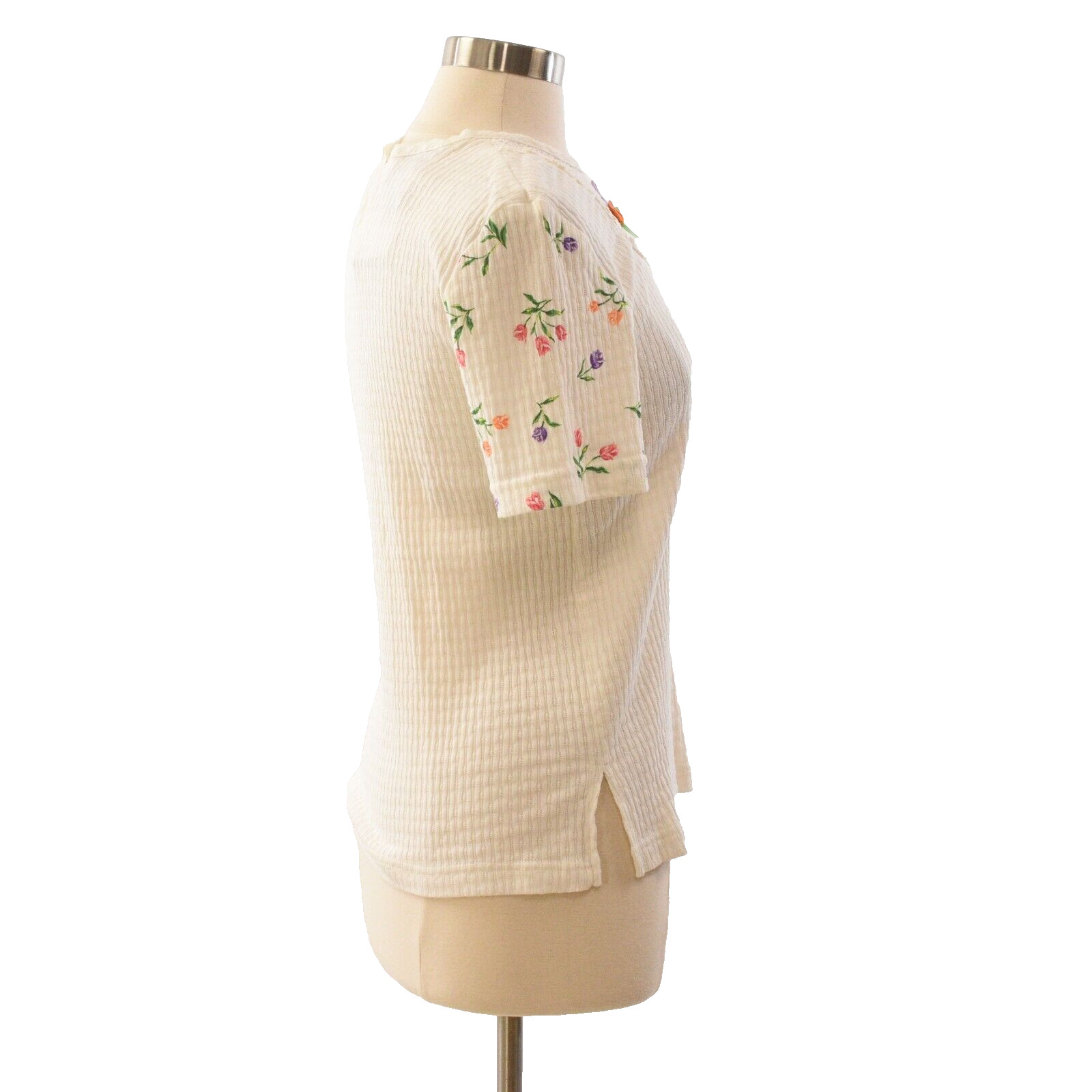 90s Lacy Afternoon White Floral Ribbon Knit Scoop Neck Top S USA