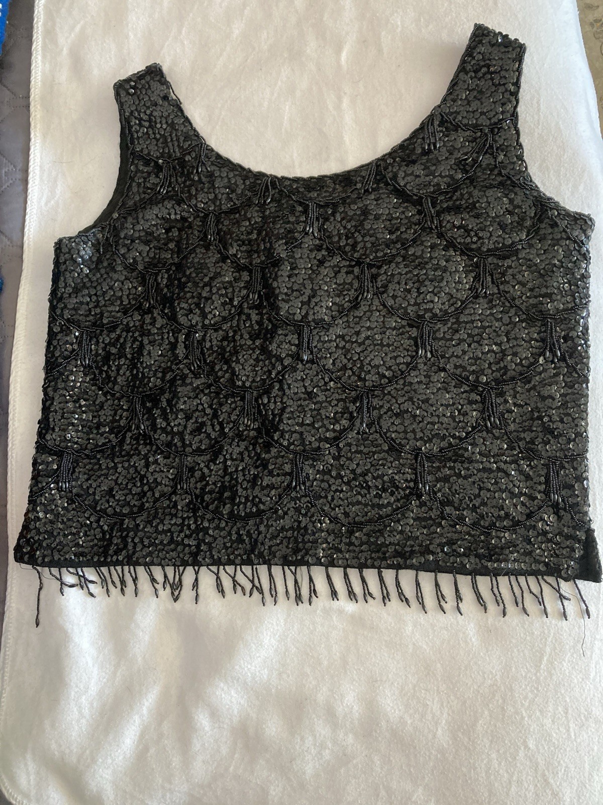 Vtg Black Sequin & Beaded Sleeveless Tank Top Fringe On Bottom Zipper In Back