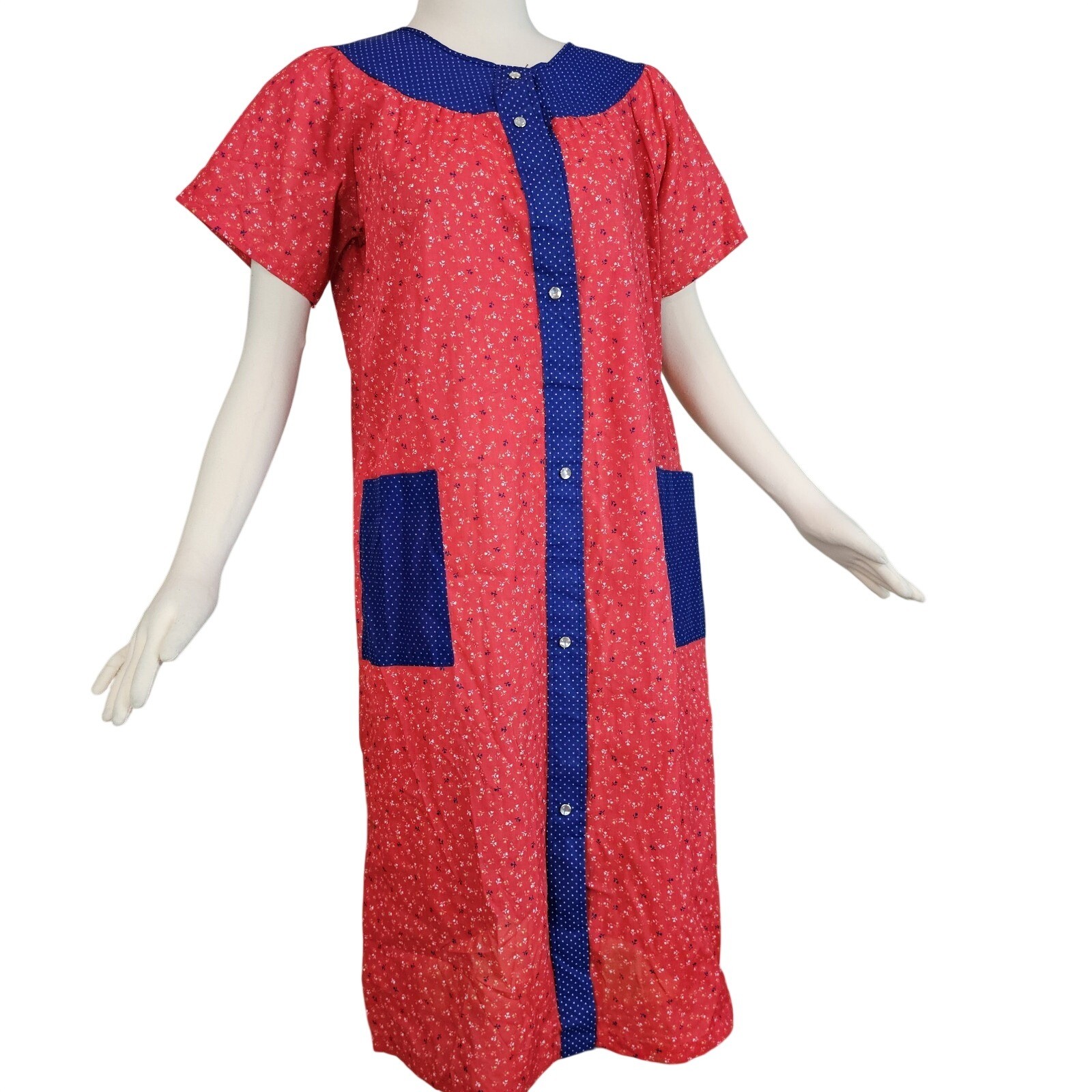 Vintage Red White Blue Floral Nightgown Robe Dress Gown Color Block 1960s Smock