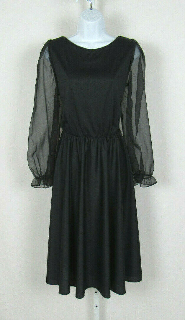 VTG 1960s GEORGE ORIGINALS BLACK DRESS SIZE 12 POLY CHIFFON ARMS RIBBON BELT