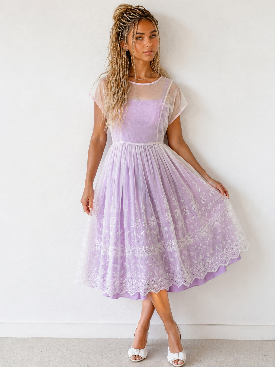 Vintage 50s Dress Small Boho Lavender Eyelet Sundress Sheer Overlay Cottagecore