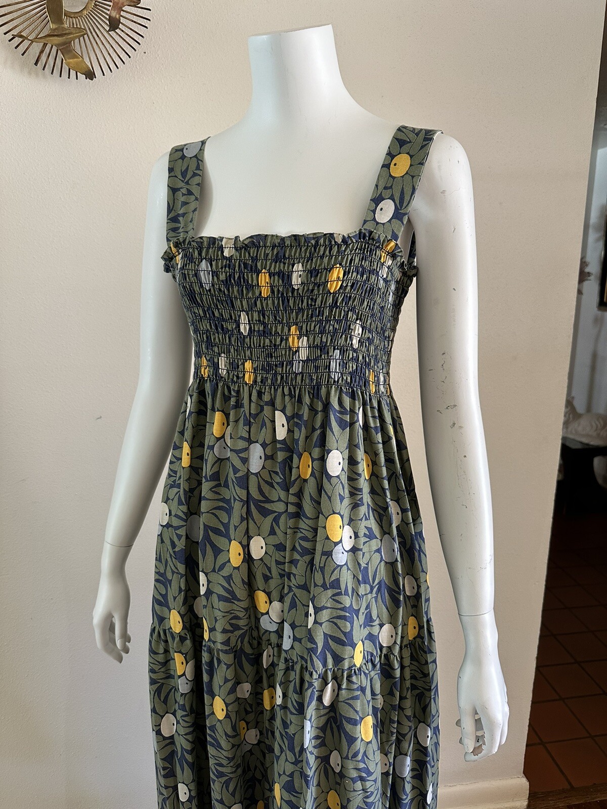 1970s Olive Print Smocked Maxi Dress Cotton Blend Hostess Resort Sundress OS VTG