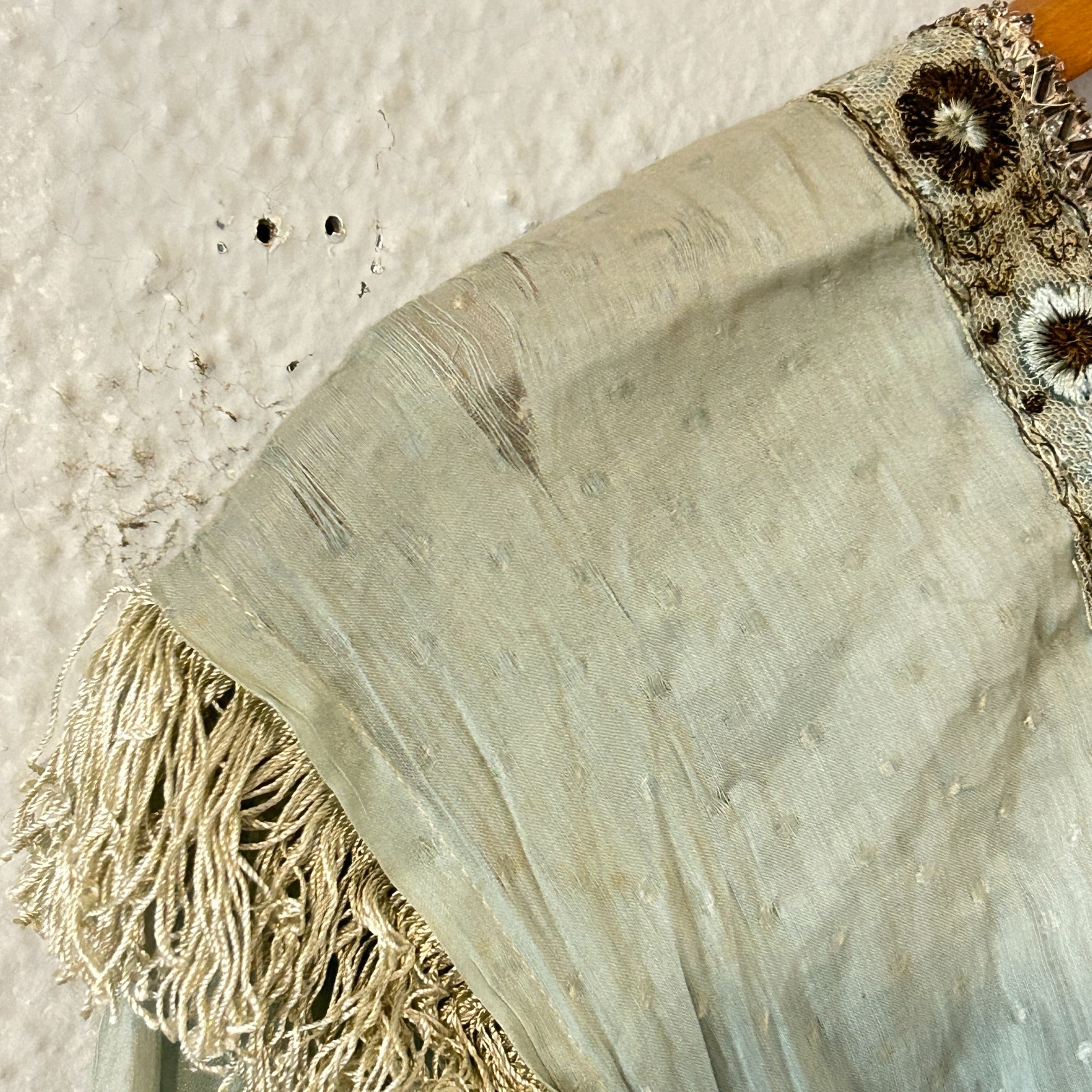 READ AS IS Antique Edwardian Blue Dress Fringe Trim Embroidered Study Fragile
